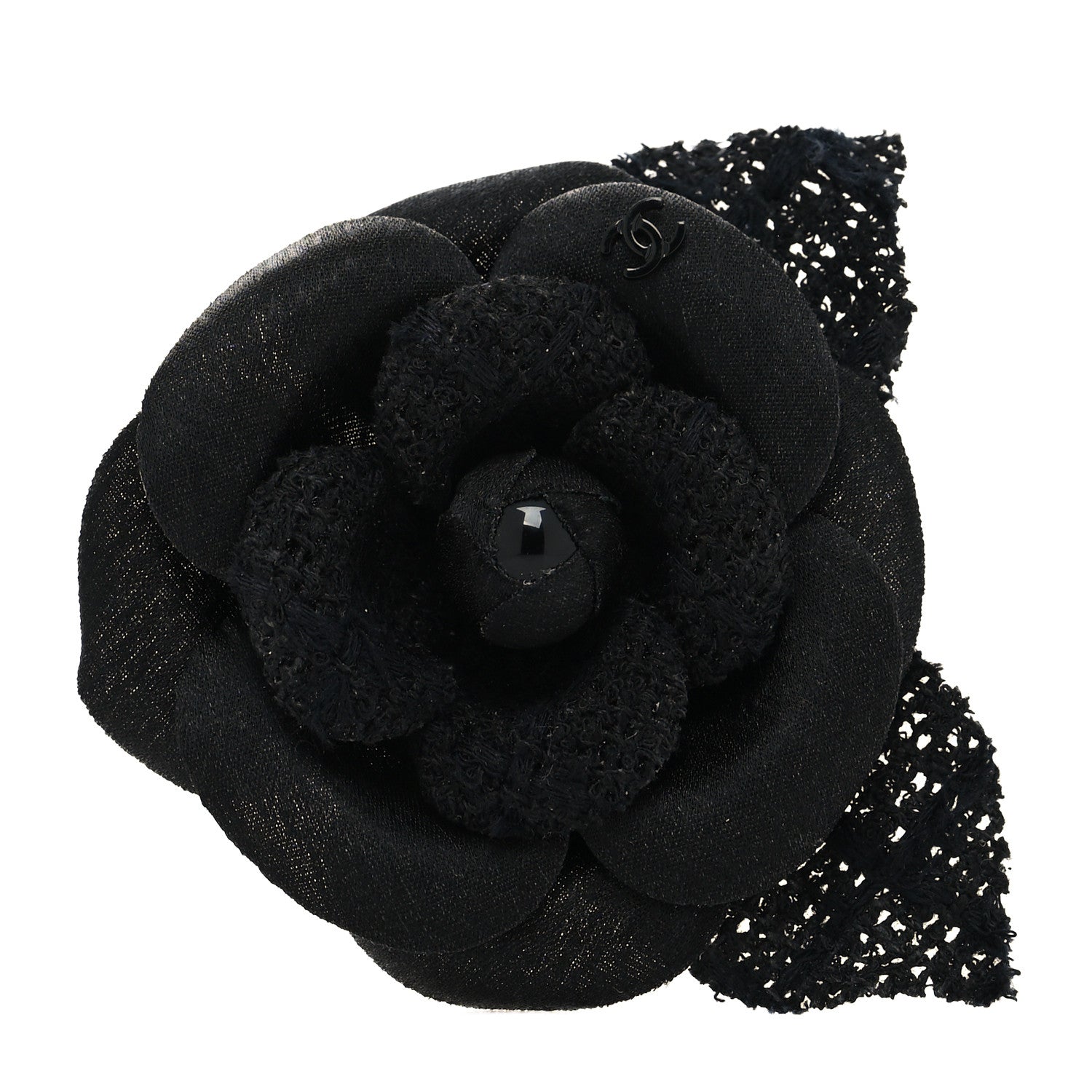 Chanel Tweed Fabric Camellia Pin Brooch Black 1 of 3
