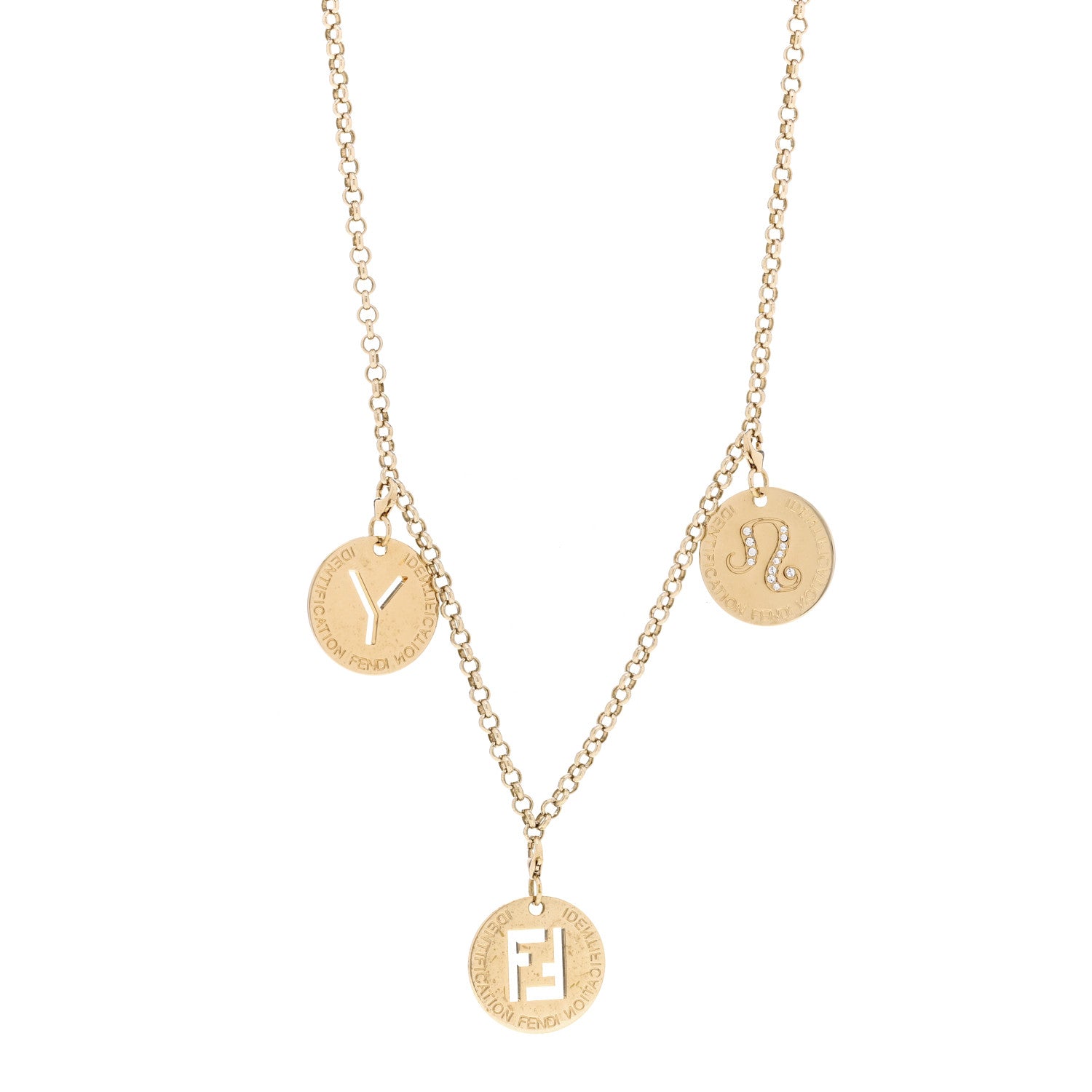 Fendi Metal Crystal Charms Identification Necklace Gold 1 of 7