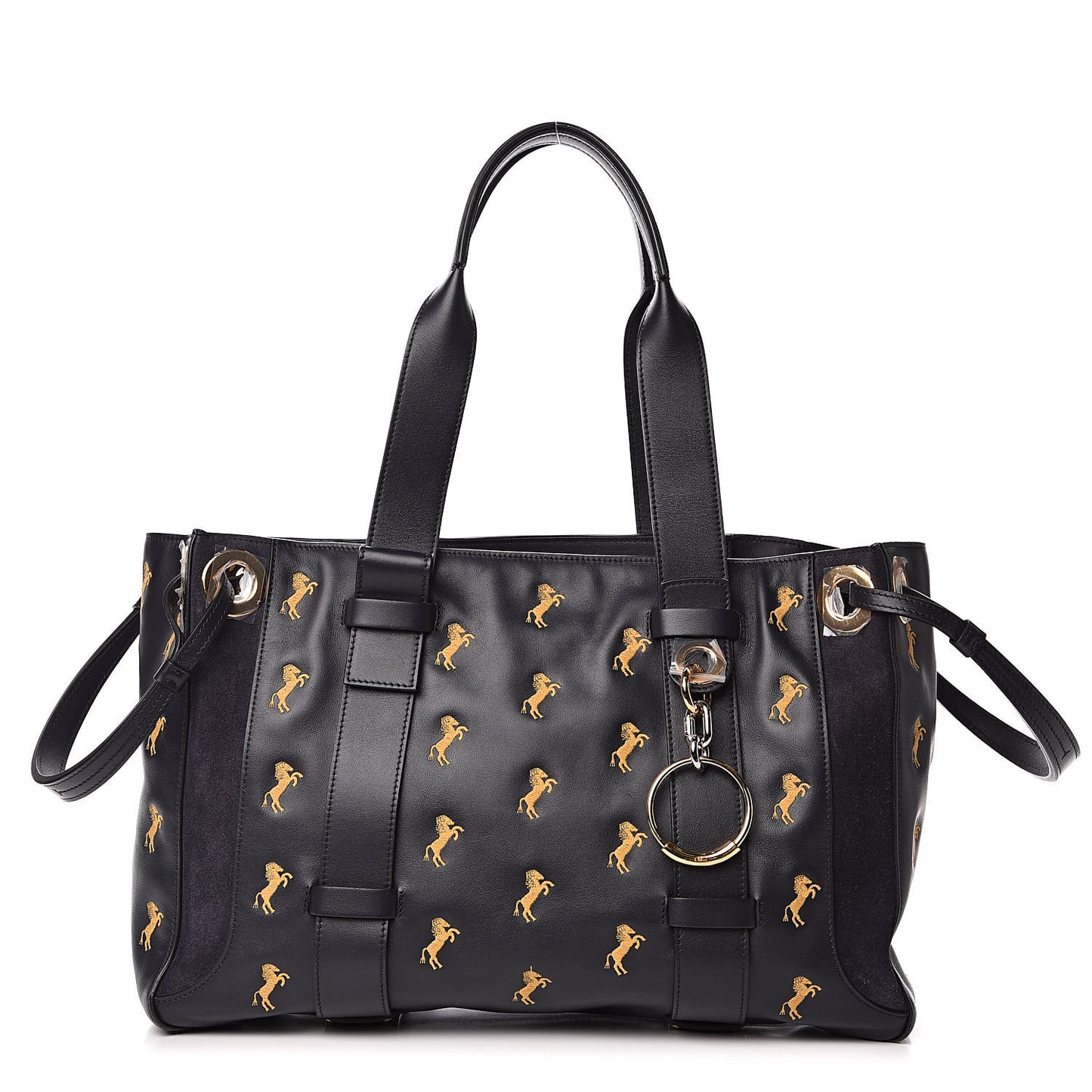 Smooth Calfskin Little Horses Embroidered Tao Zipped Tote Full Blue