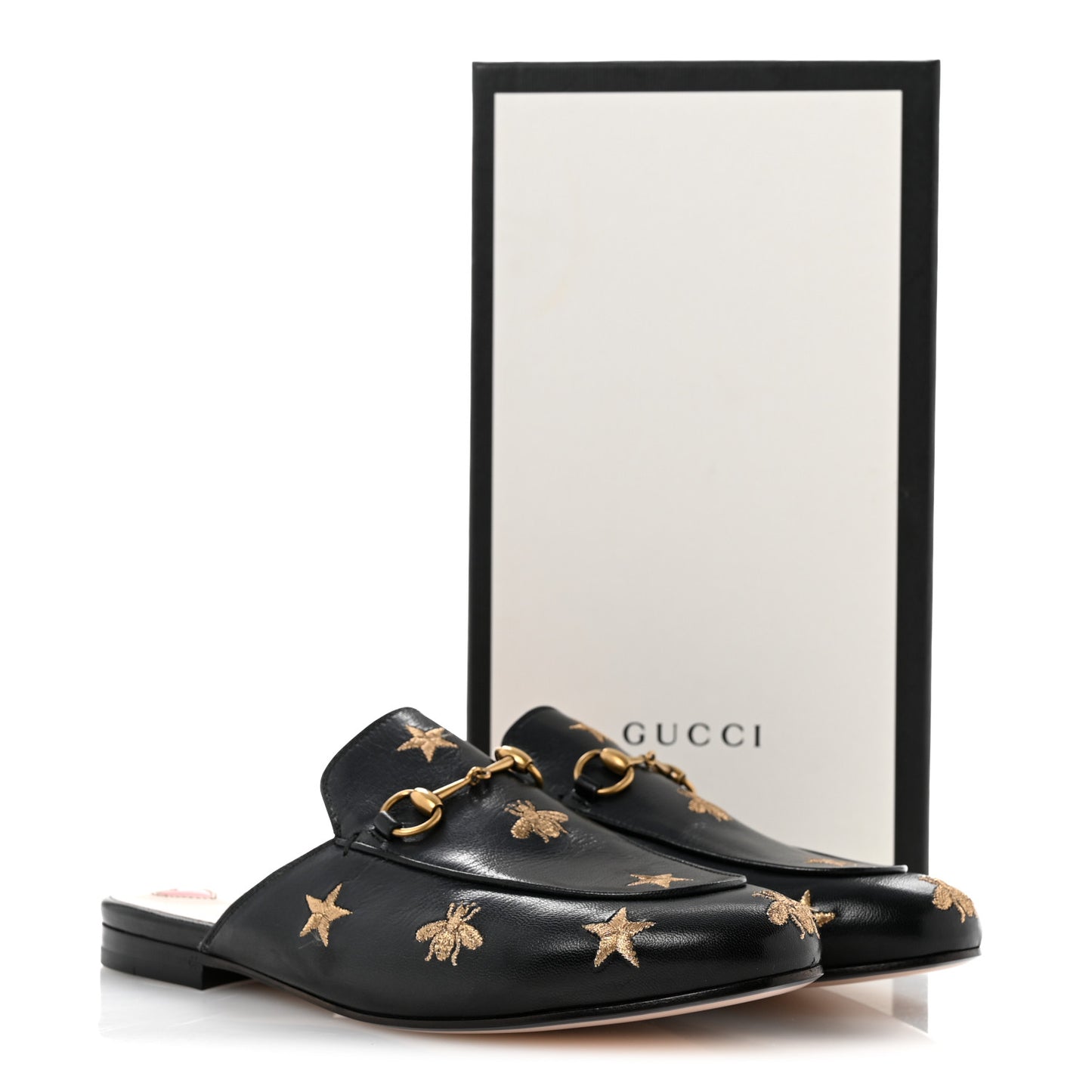 Goatskin Bee Star Embroidered Womens Princetown Slippers 38.5 Black