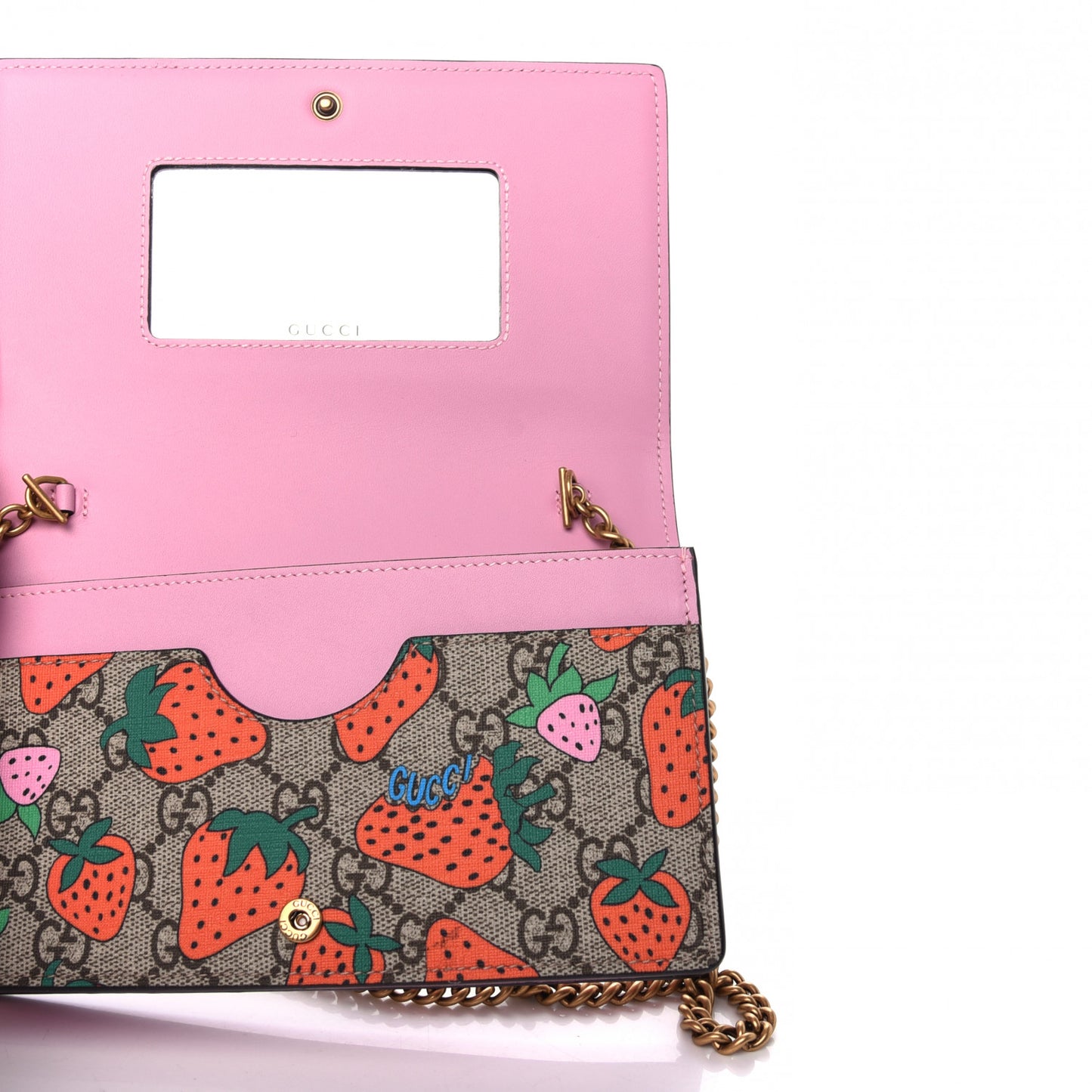 GG Supreme Monogram Strawberry Chain Wallet