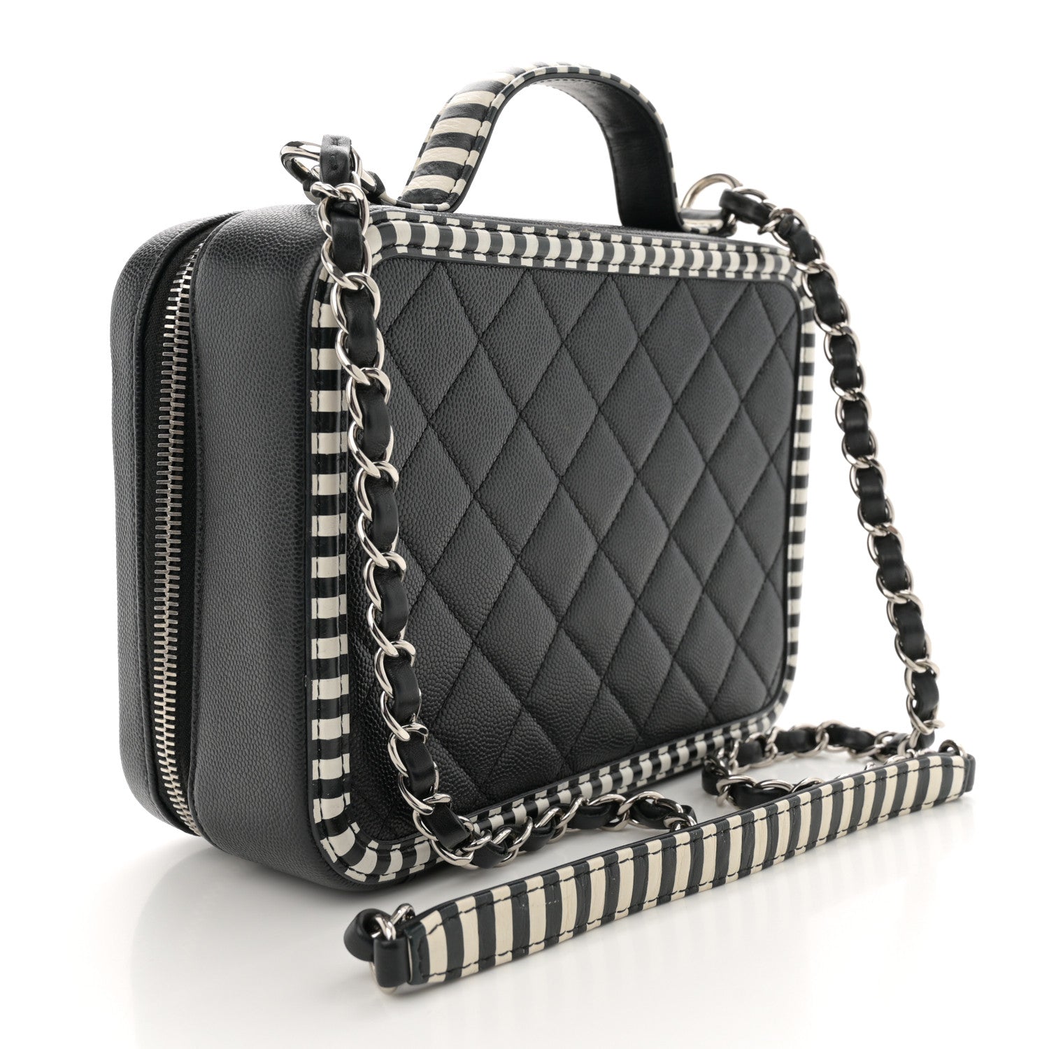 Chanel Caviar Quilted Striped Medium CC Filigree Vanity Case Black White 3 of 12