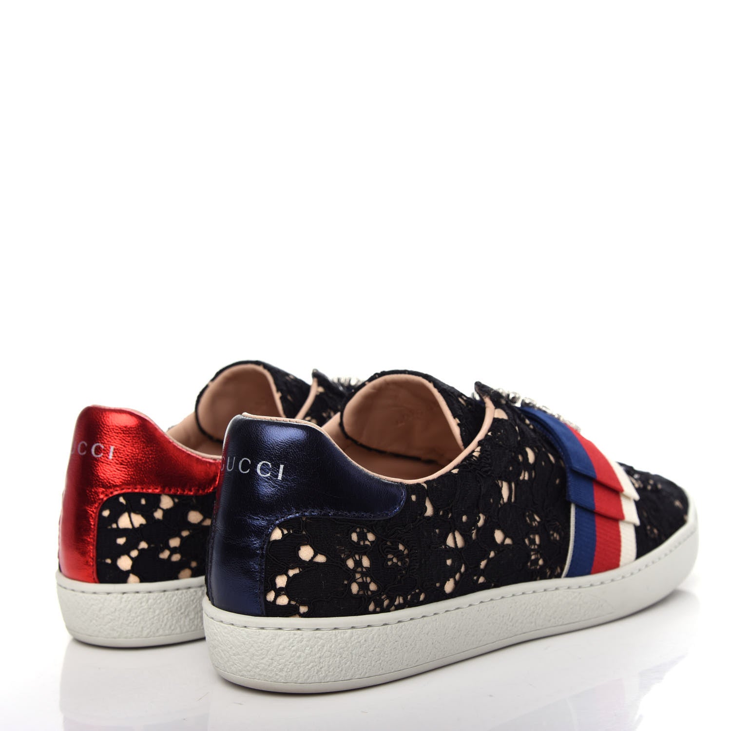 Gucci Lace Crystal Sylvie Web Flower Leaf Womens Ace Sneakers 38.5 Black Tan Beige 4 of 11