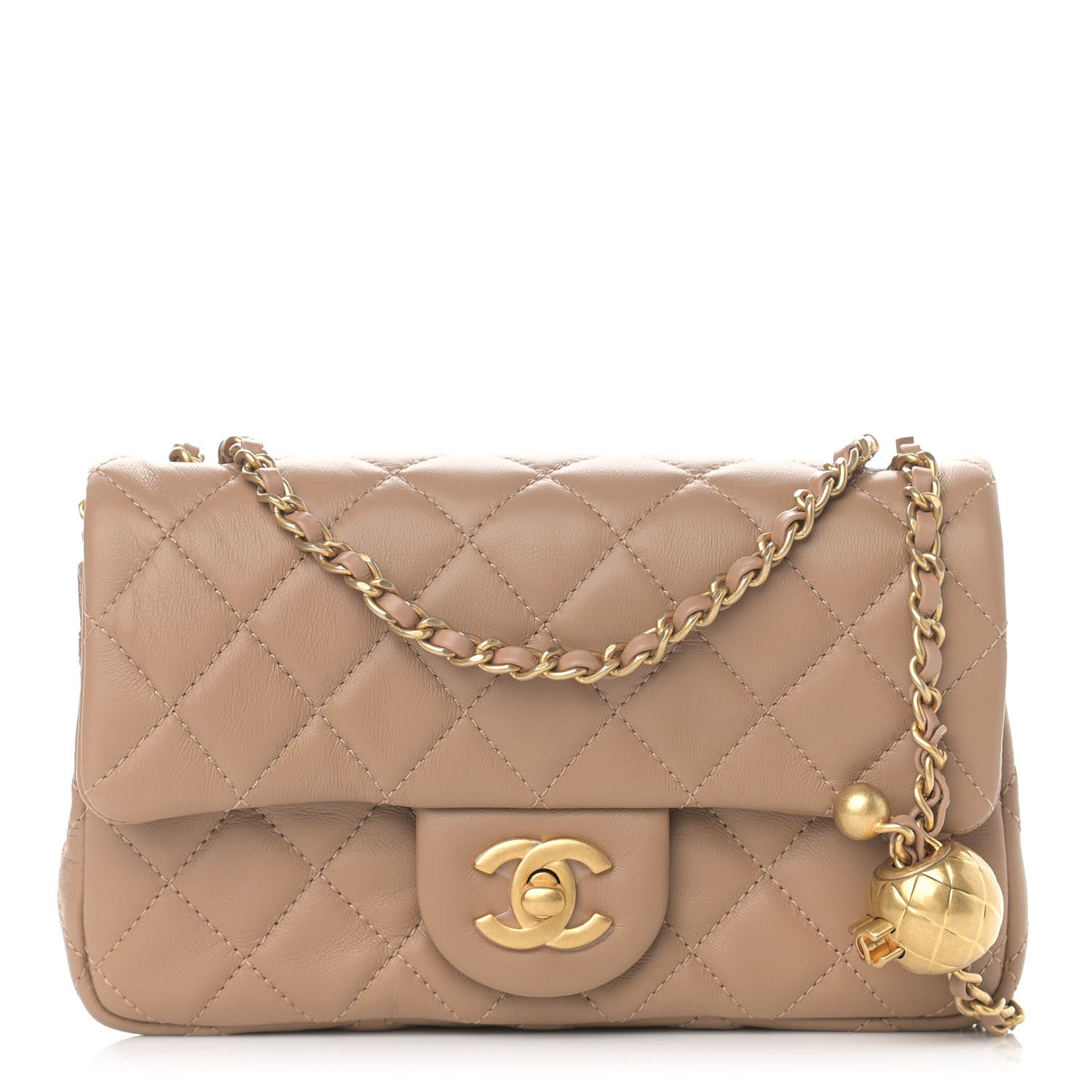 Lambskin Quilted Mini Rectangular Pearl Crush Flap Dark Beige