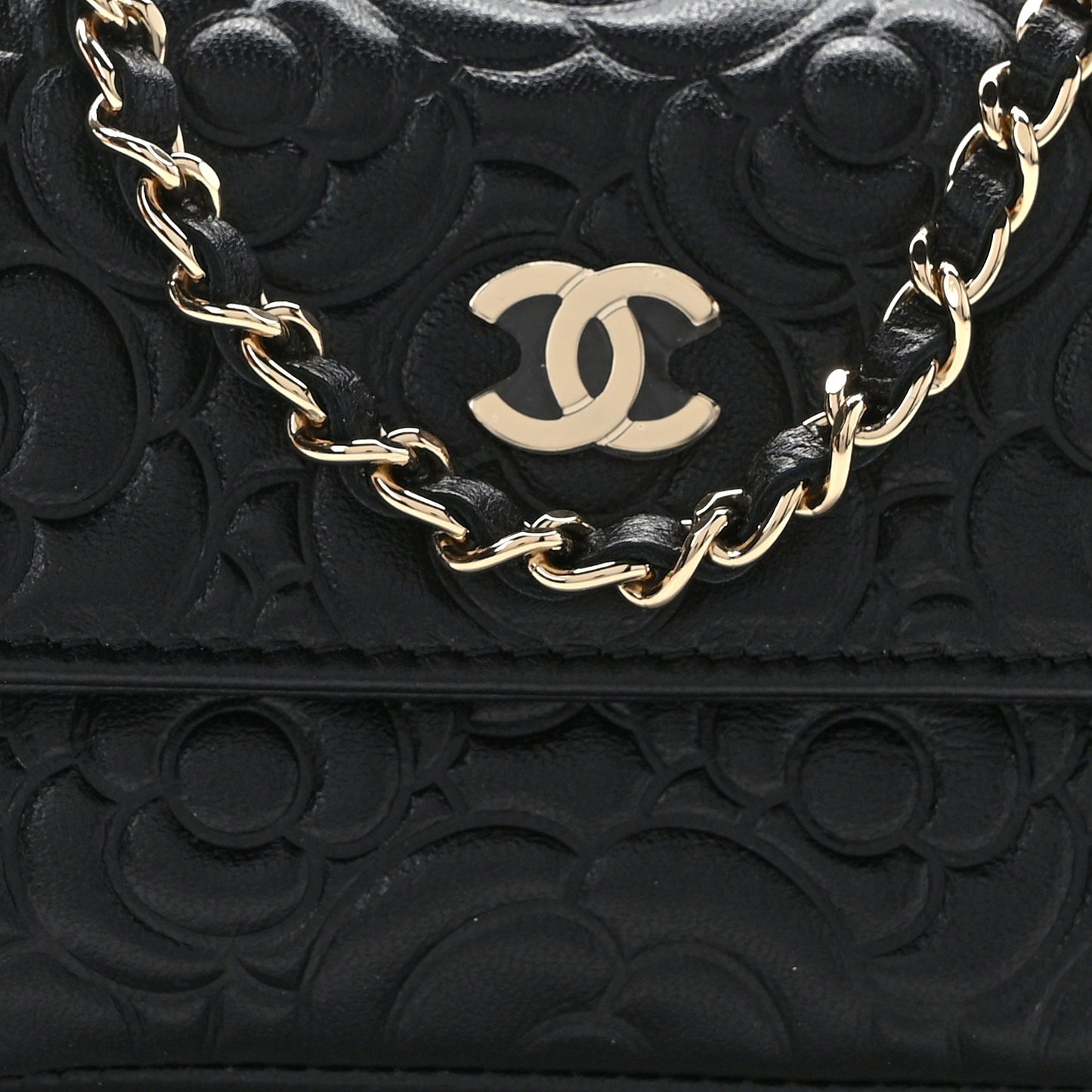 Lambskin Camellia Embossed Chain Belt Bag Black