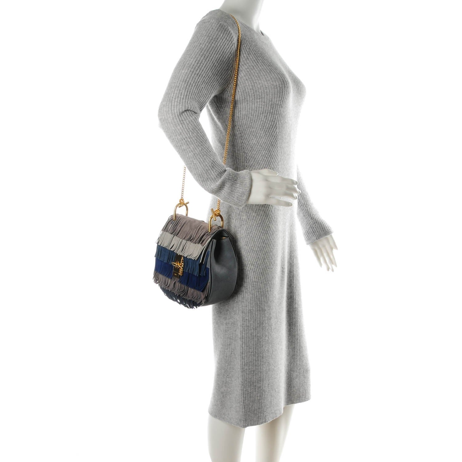 Chloe Suede Fringe Drew Shoulder Bag Velvet Grey 2 of 6