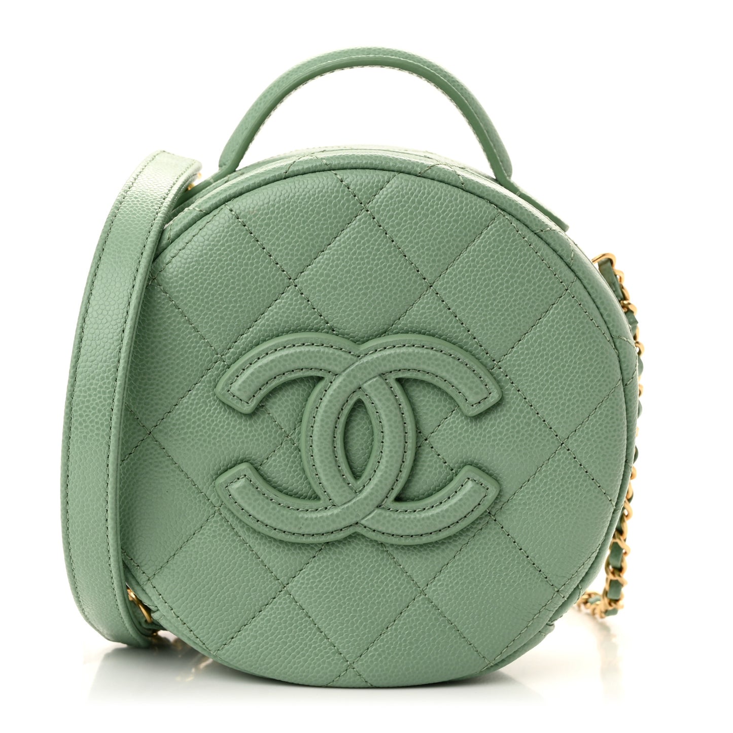 Caviar Quilted Small Round Vanity With Chain Light Green