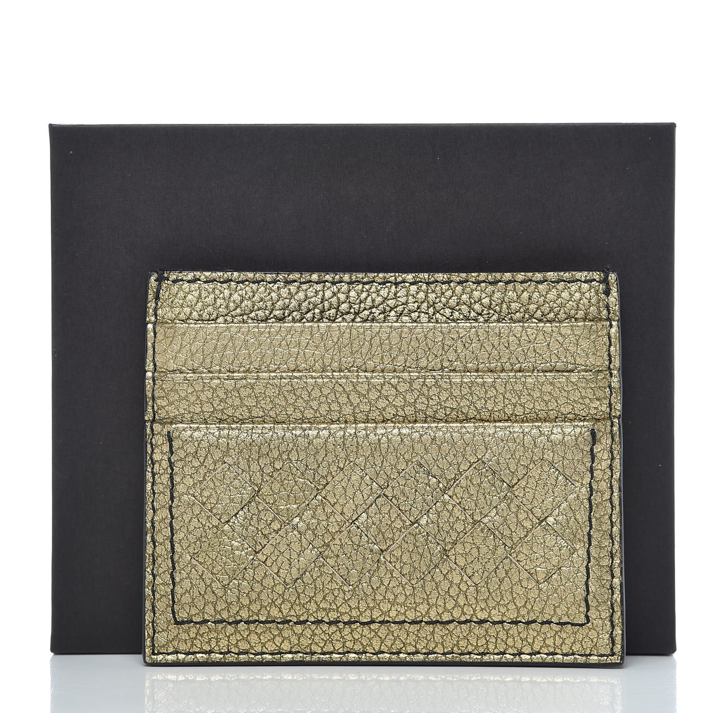 Metallic Calfskin Intrecciato VN Card Case Dark Gold
