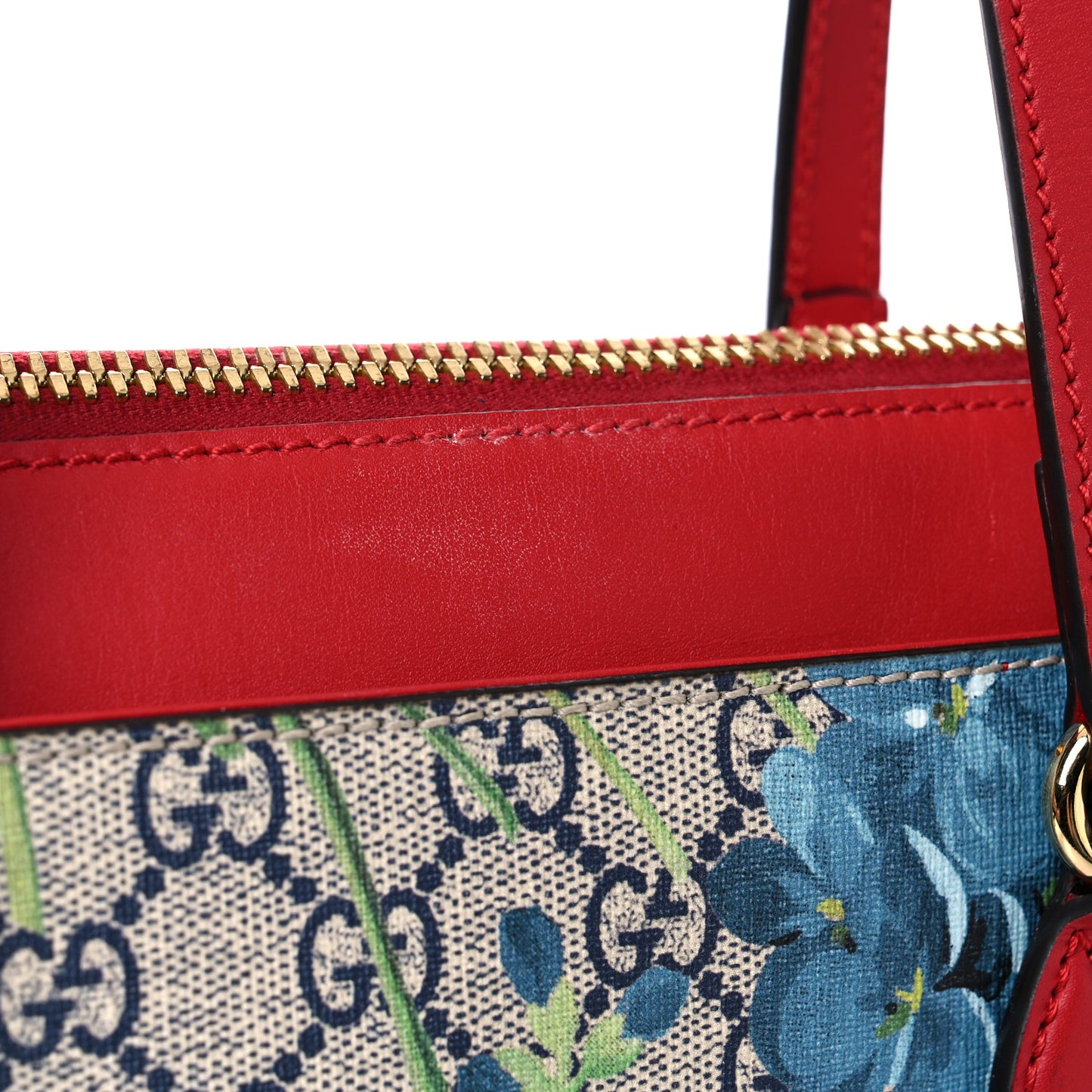 GG Supreme Monogram Blooms Medium Zippered Bucket Tote Beige Blue Navy Hibiscus Red