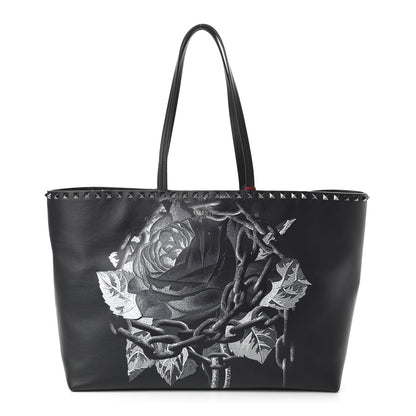 Valentino Garavani X UNDERCOVER Calfskin Print Rockstud Shoulder Tote Black 1 of 9