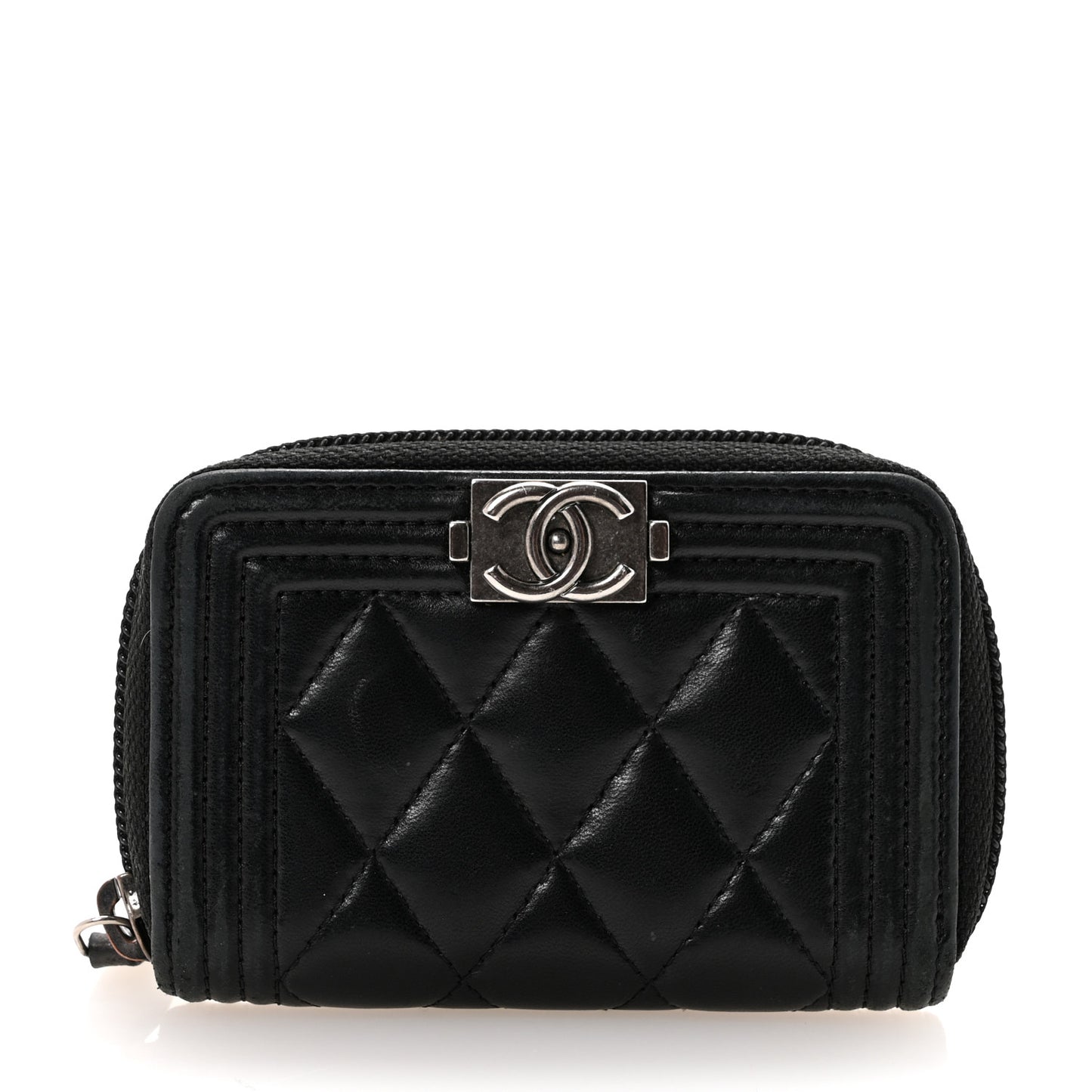 Lambskin Quilted Zip Around Boy Coin Purse Wallet Black Black