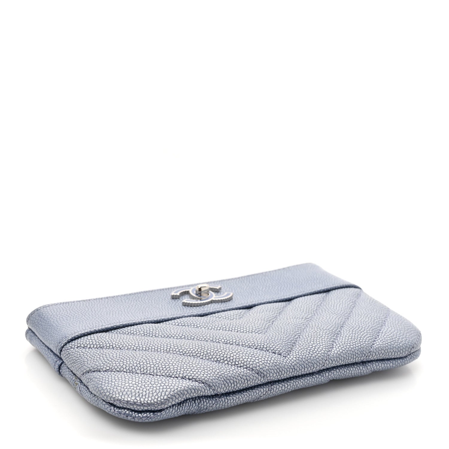 Chanel Metallic Caviar Chevron Quilted Small Vintage Mademoiselle Cosmetic Case Blue 4 of 8