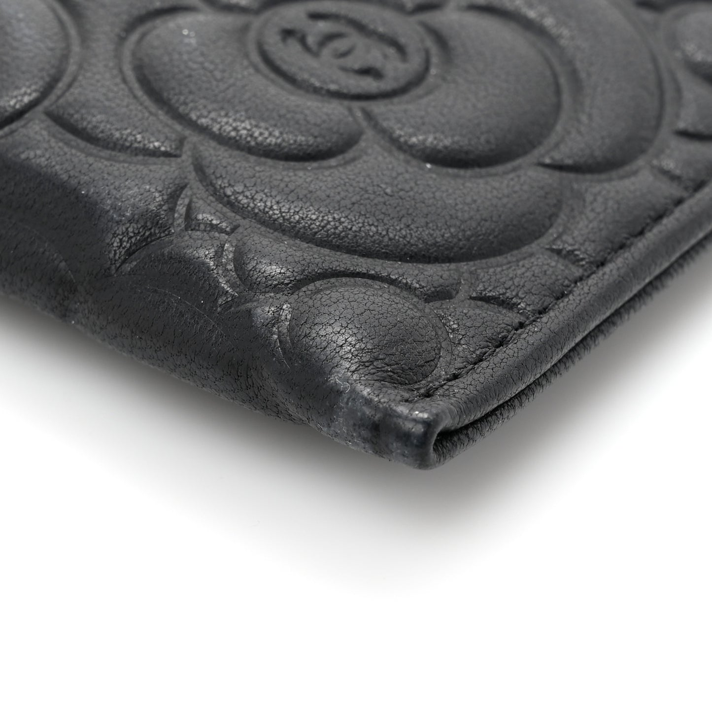 Lambskin Camellia Embossed Classic Zip Pouch Black
