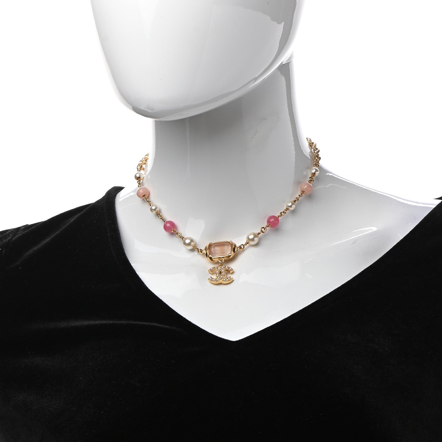 Chanel Crystal Pearl Bead CC Choker Gold Pink 2 of 7