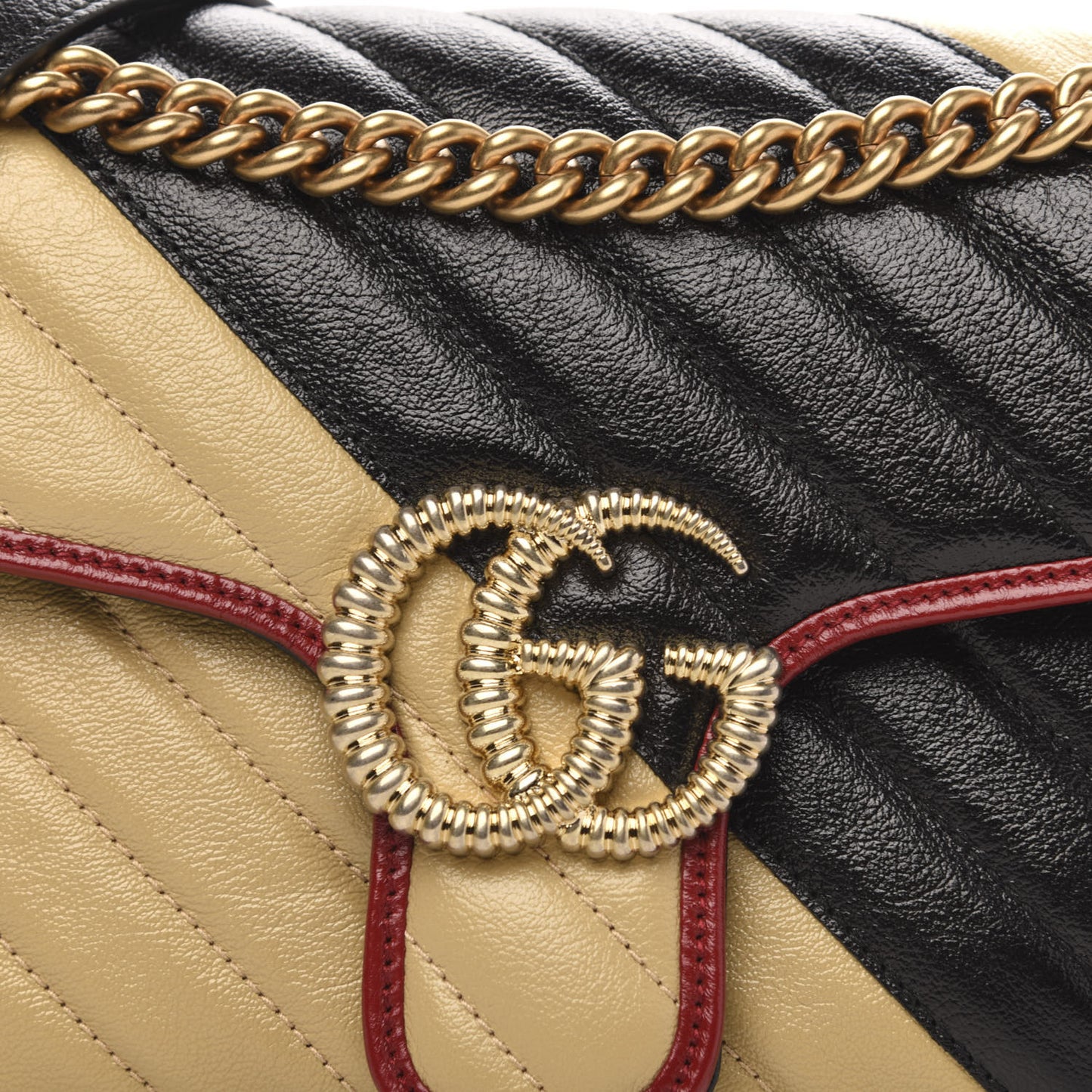Vintage Effect Calfskin Matelasse Diagonal Striped Small Torchon GG Marmont Shoulder Bag Black Beige