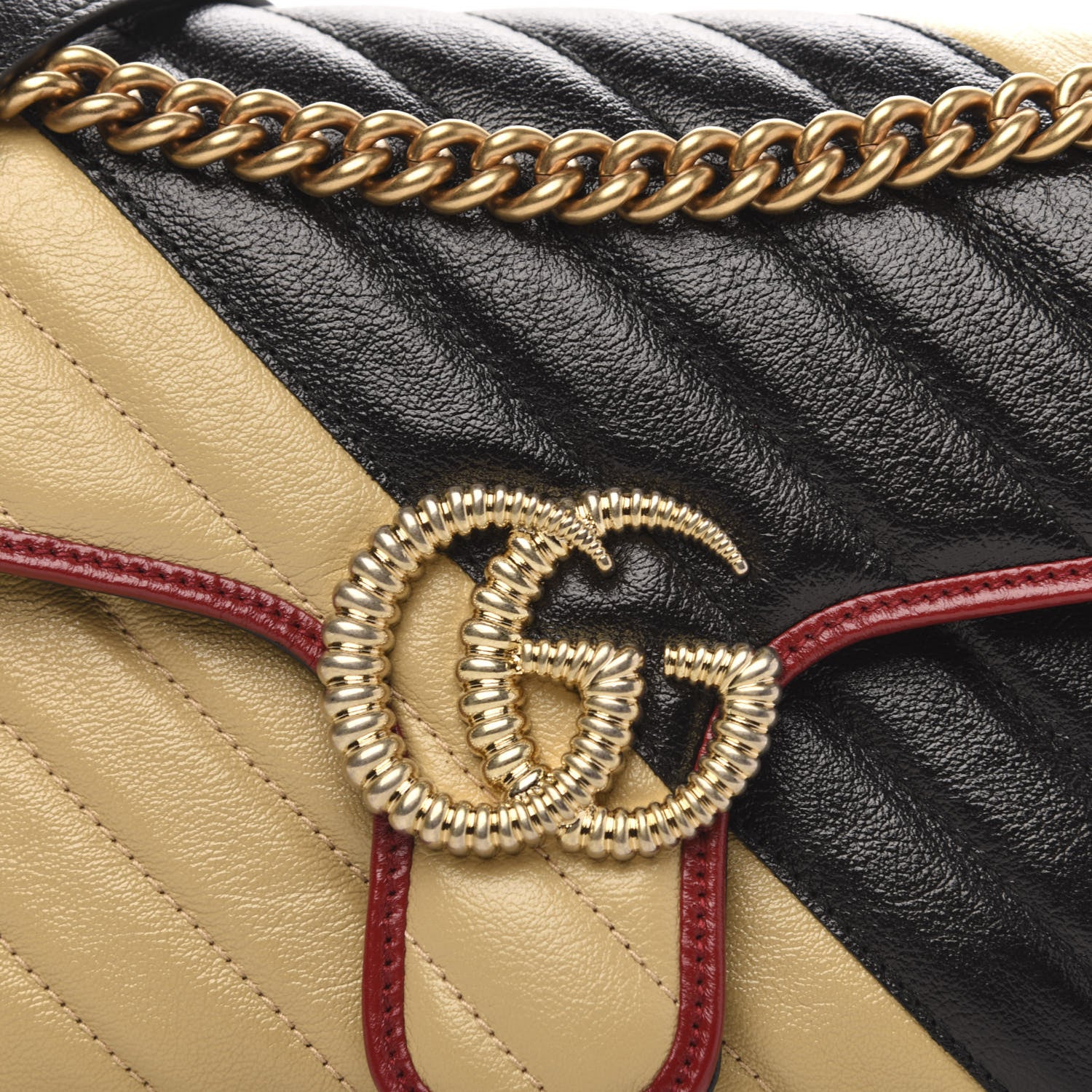 Gucci Vintage Effect Calfskin Matelasse Diagonal Striped Small Torchon GG Marmont Shoulder Bag Black Beige 10 of 10
