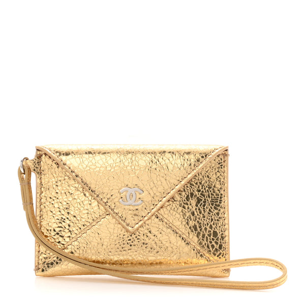 Chanel Metallic Lambskin Card Holder With Strap Gold 1885795