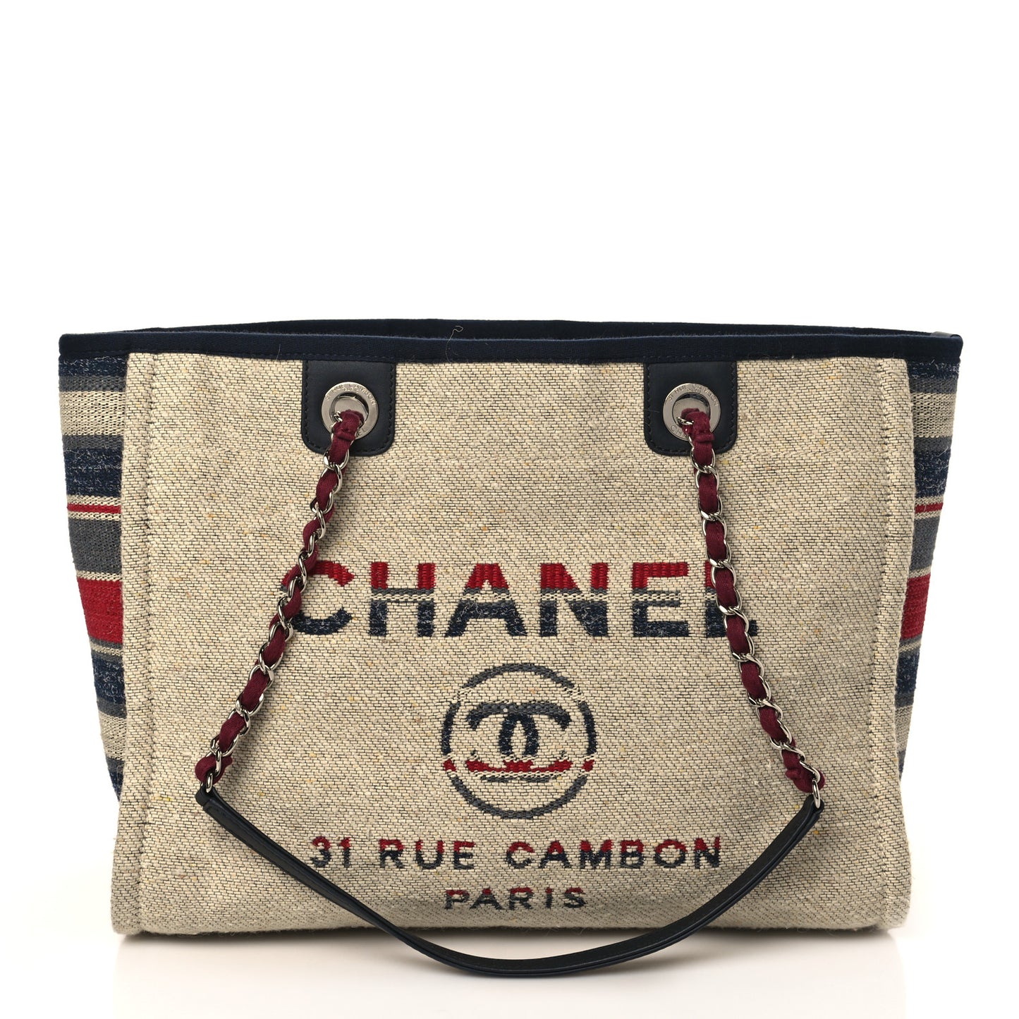 Striped Canvas Small Deauville Tote Beige