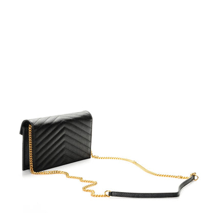 Saint Laurent Grain De Poudre Matelasse Chevron Monogram Envelope Chain Wallet Black 3 of 7