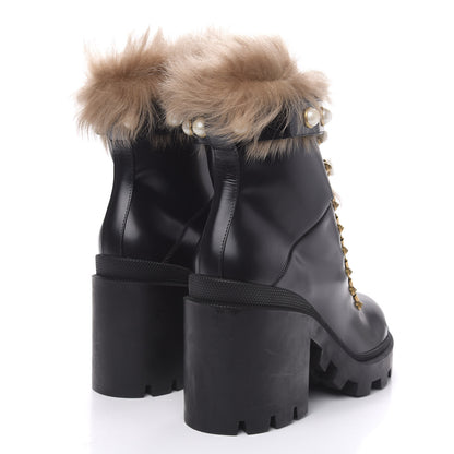 Gucci Magnum Calfskin Fur Pearl Lace Up Combat Ankle Boots 40 Black Naturale 4 of 7