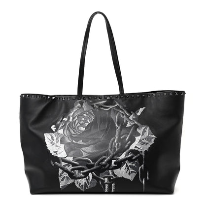 Valentino Garavani X UNDERCOVER Calfskin Print Rockstud Shoulder Tote Black 1 of 10