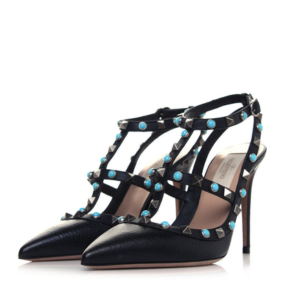 Valentino Garavani Pebbled Calfskin Turquoise Rockstud Rolling Ankle Strap 100mm Pumps 36 Black 3 of 8