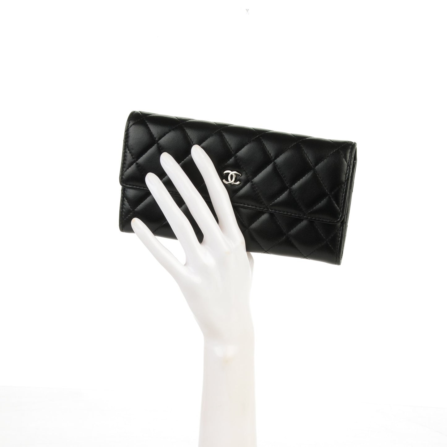 Lambskin Quilted Large Gusset Flap Wallet Black