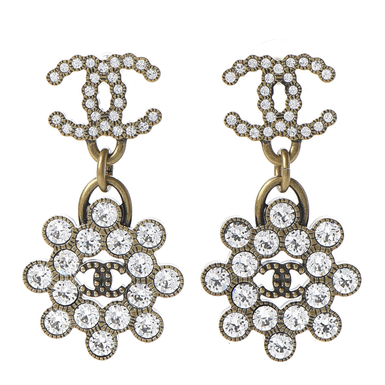 Chanel Crystal Strass CC City of Lights Cluster Dangle Earrings Gold 1 of 5
