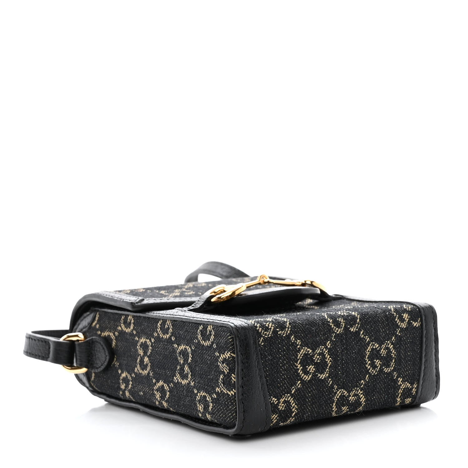 Gucci Jacquard Black Denim GG Monogram Textured Dollar Calfskin Mini Horsebit 1955 Crossbody Bag Black Ivory 4 of 10