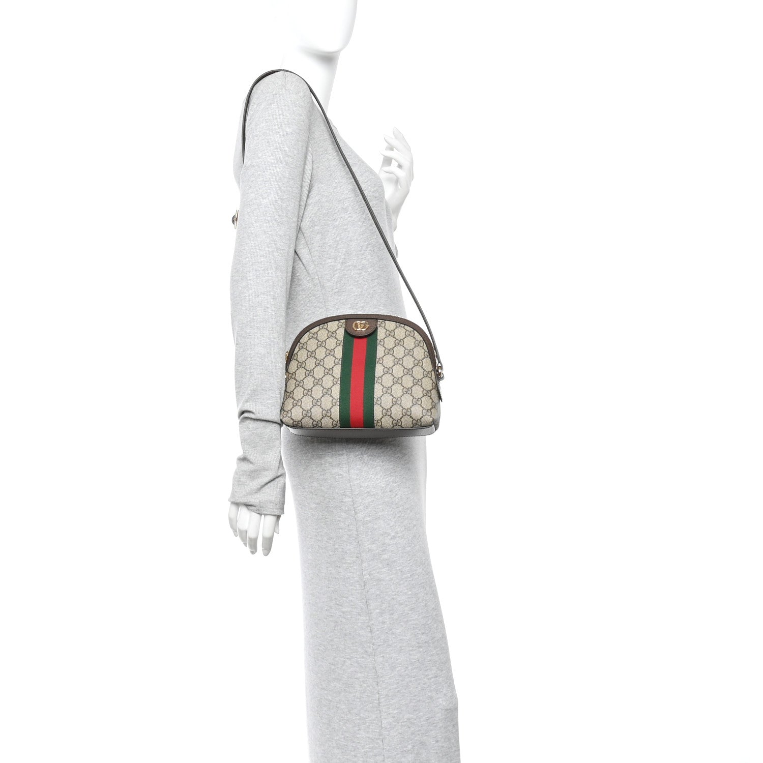 Gucci GG Supreme Monogram Textured Dollar Calfskin Web Small Ophidia Dome Shoulder Bag Beige Ebony New Acero Brown 2 of 12