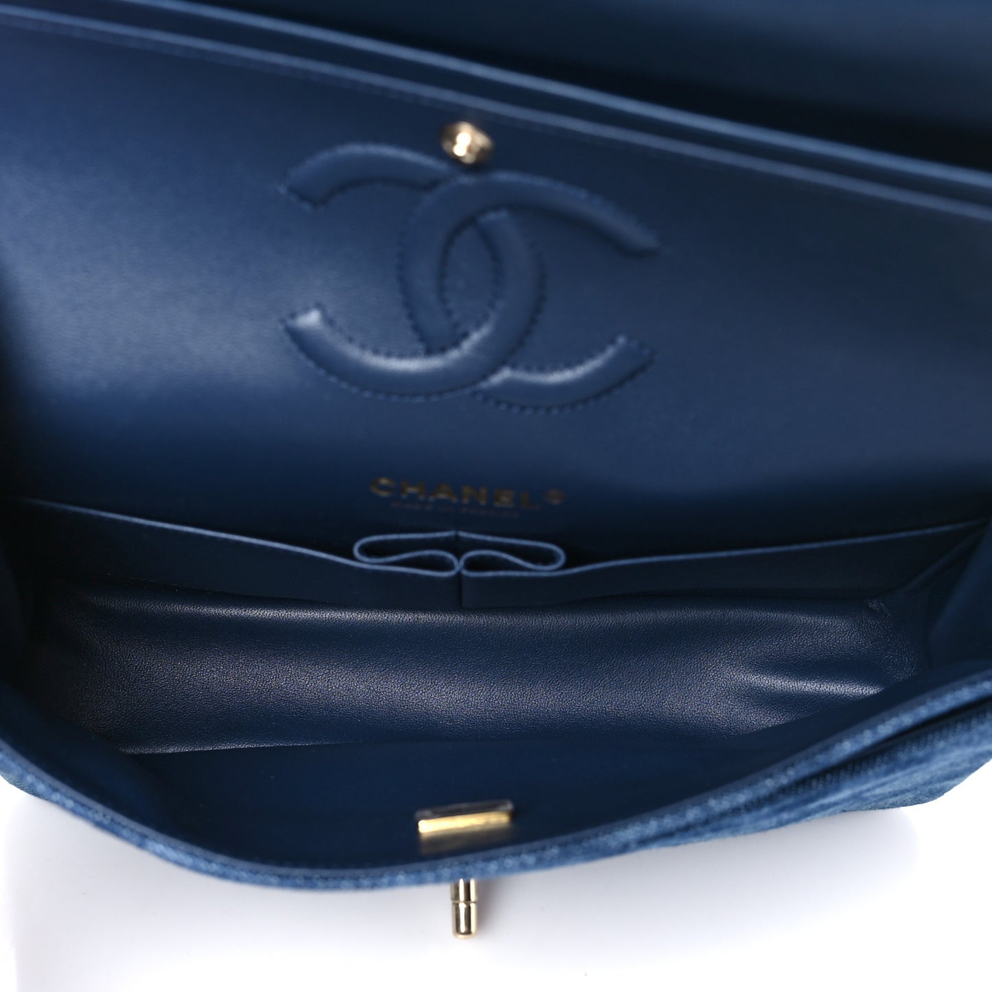 Printed Denim Quilted Medium Double Flap Dark Blue
