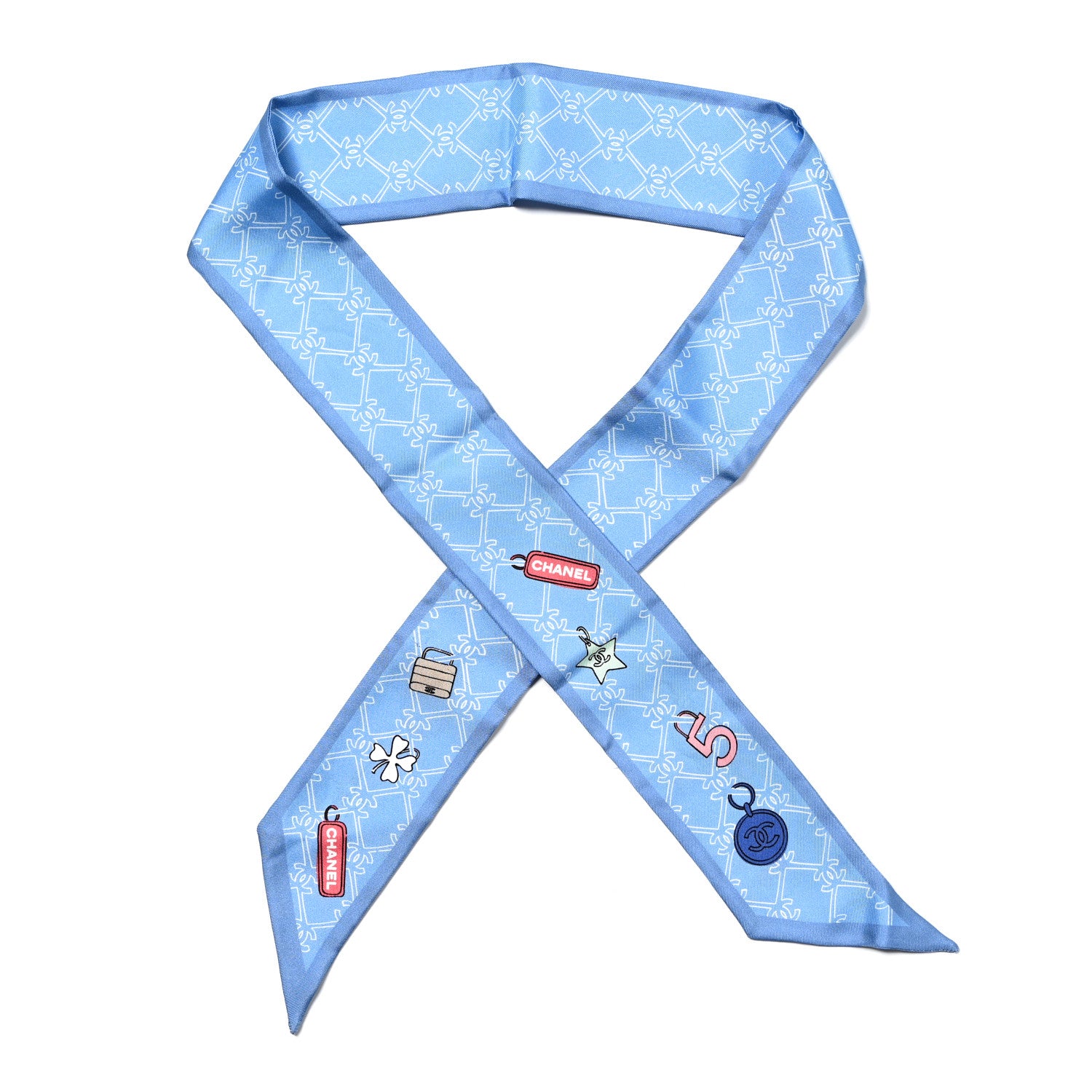 Chanel Silk CC Lucky Symbols Slim Bandeau Scarf Light Blue Multicolor 1 of 6