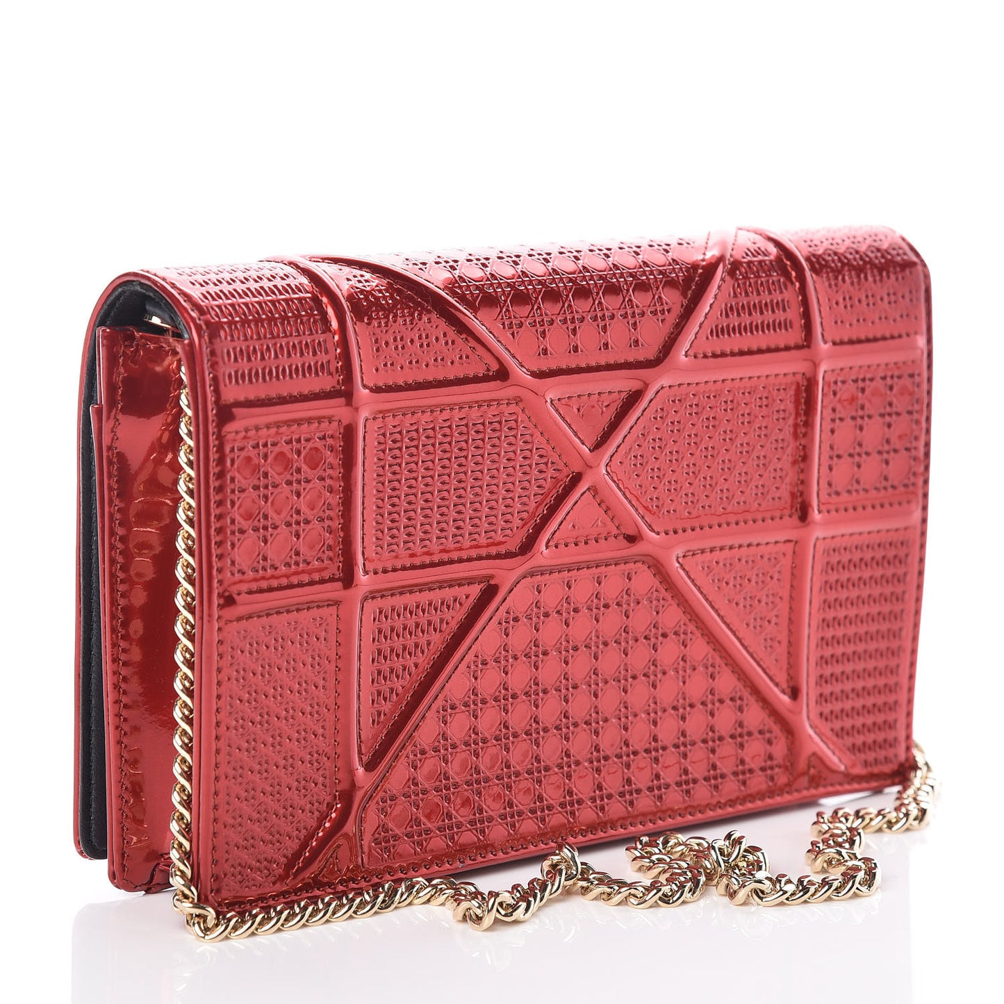 Metallic Patent Micro-Cannage Diorama Wallet on Chain Pouch Red