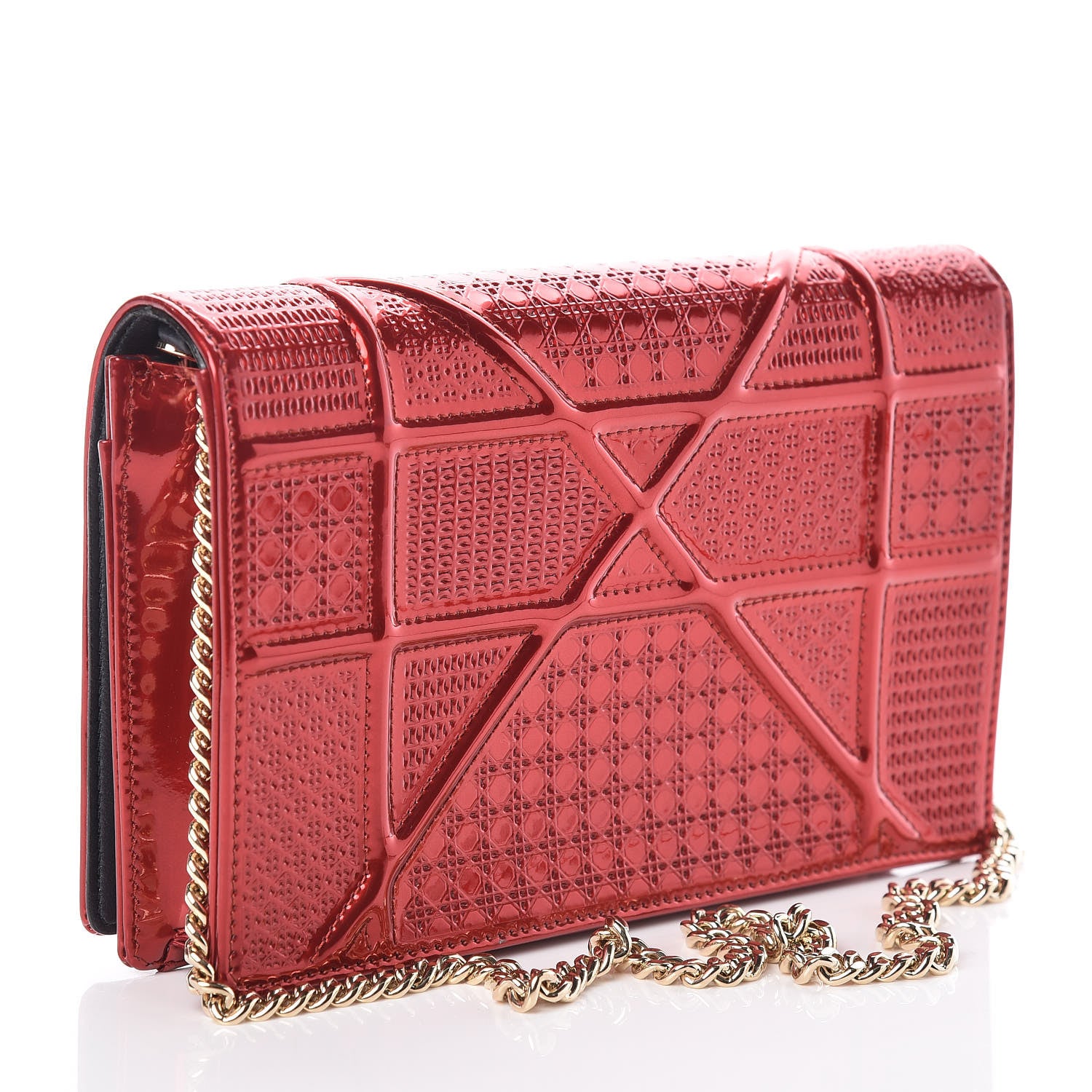 Christian Dior Metallic Patent Micro-Cannage Diorama Wallet on Chain Pouch Red 3 of 8