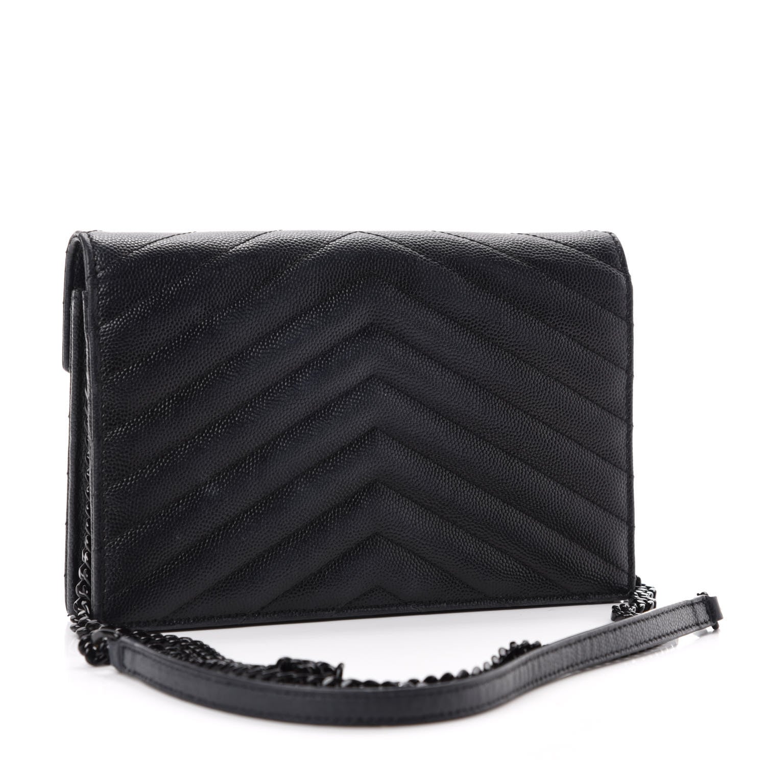 Saint Laurent Grain De Poudre Matelasse Chevron Monogram Monochrome Envelope Chain Wallet Black 3 of 10