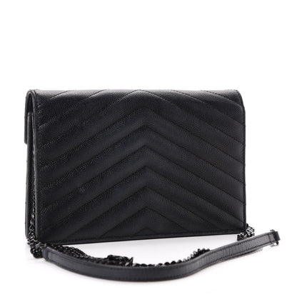 Saint Laurent Grain De Poudre Matelasse Chevron Monogram Monochrome Envelope Chain Wallet Black 3 of 10