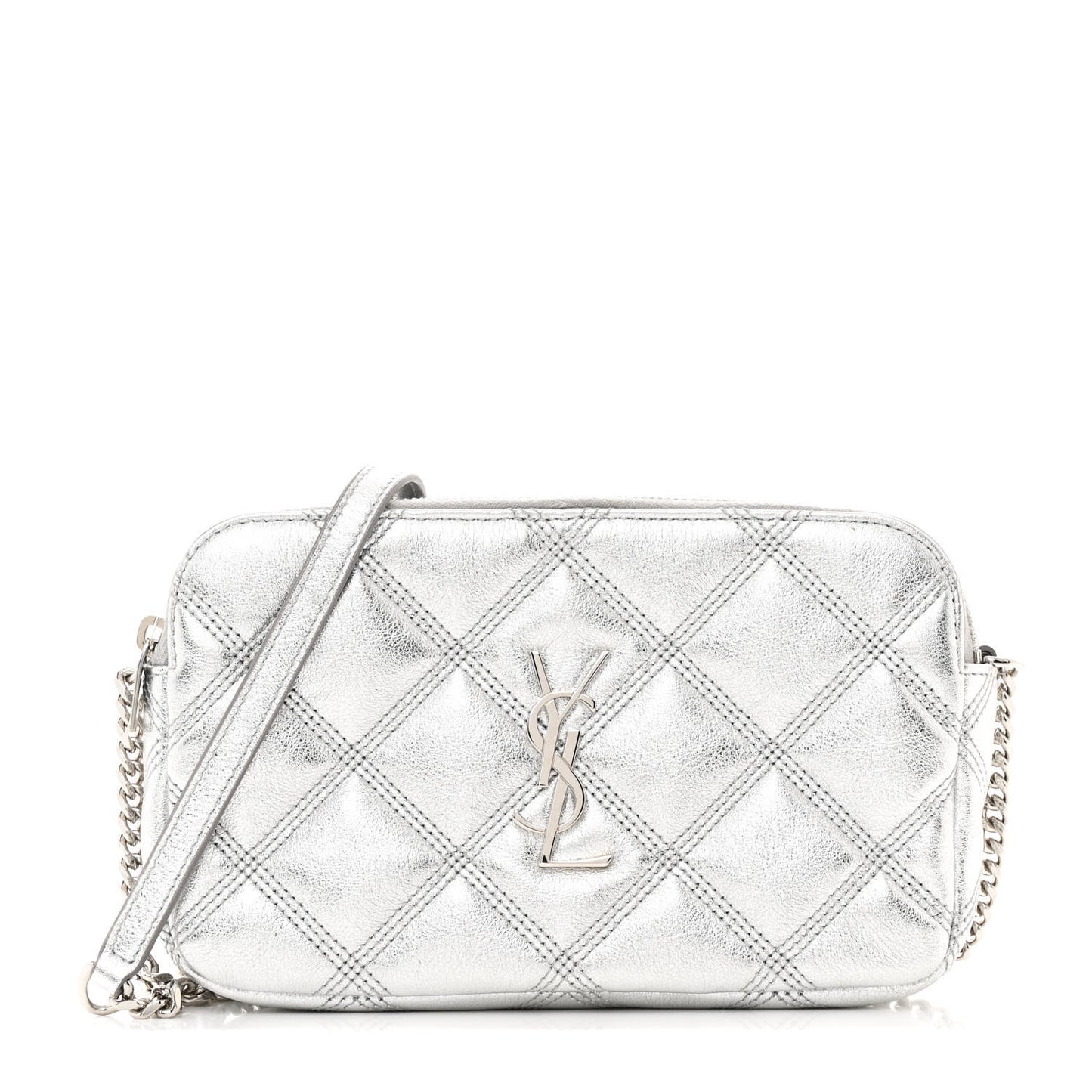 Metallic Lambskin Quilted Mini Becky Double Zip Bag Argento