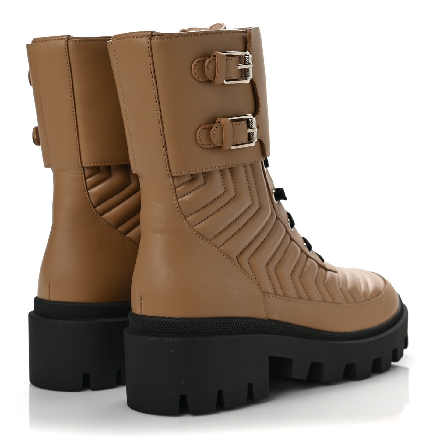 Nappa Frances GG Matelasse Platform Combat Boots 38.5 Natural Tan