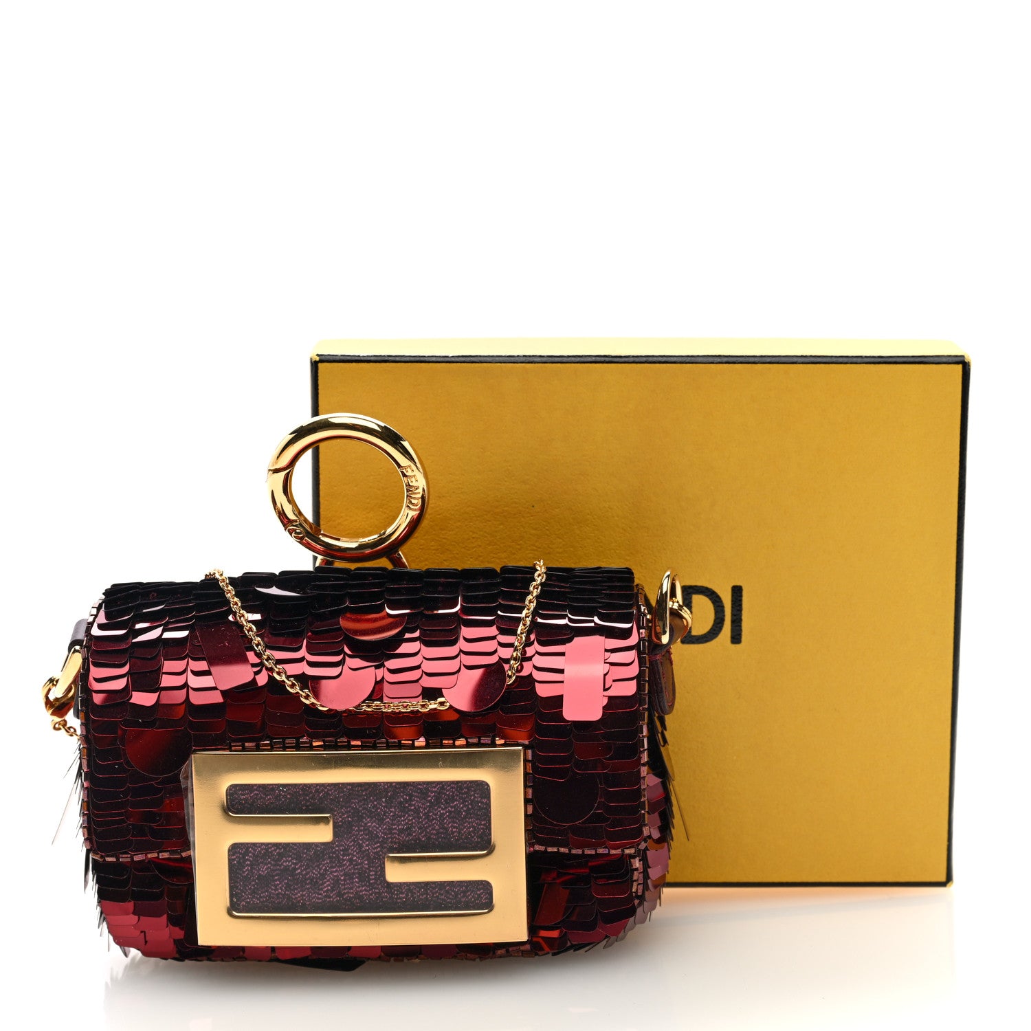 Fendi Sequin Paillettes Shiny Nappa Sex and the City Nano Maxi Buckle Baguette Charm Granata 10 of 10