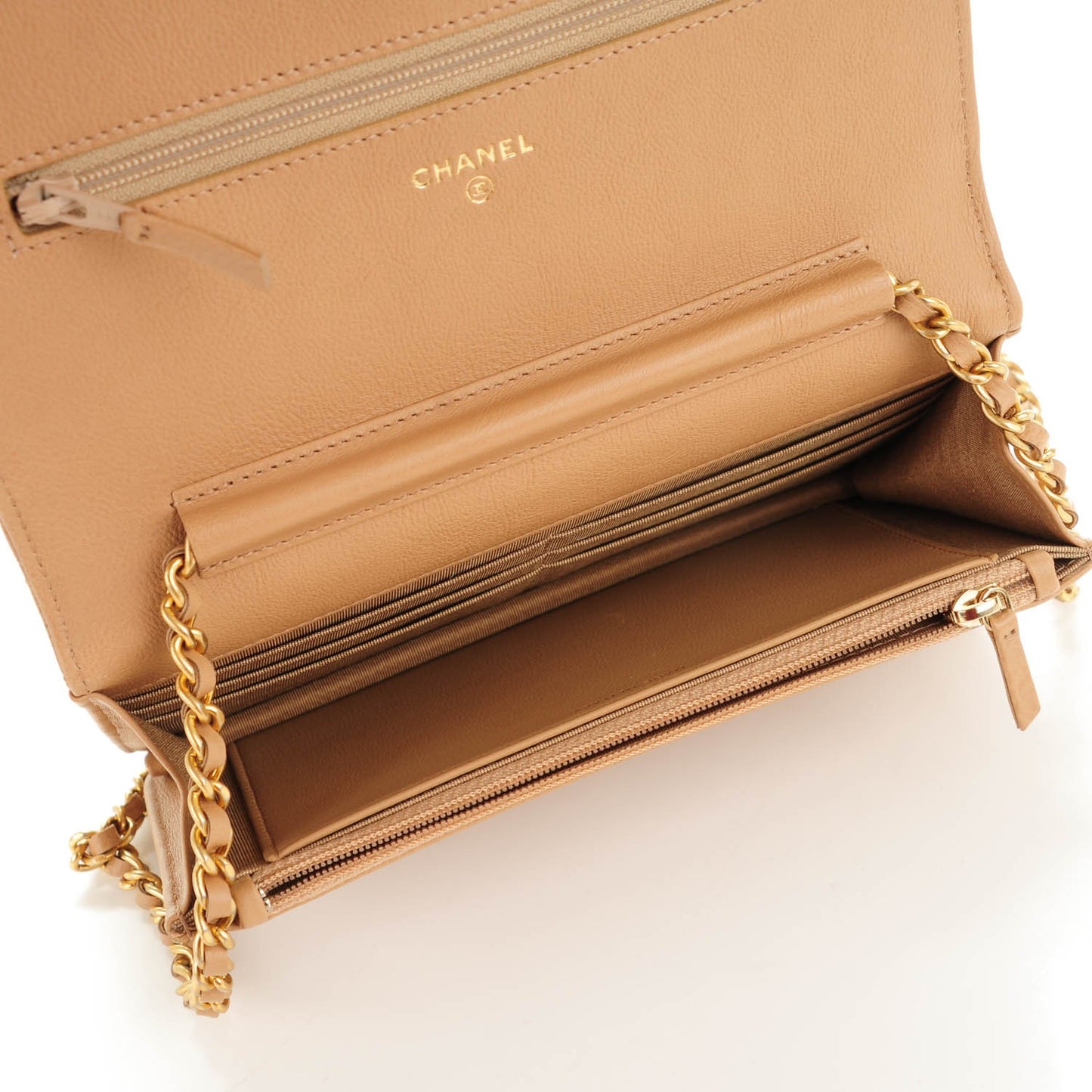 Calfskin Chevron Quilted Wallet On Chain WOC Beige
