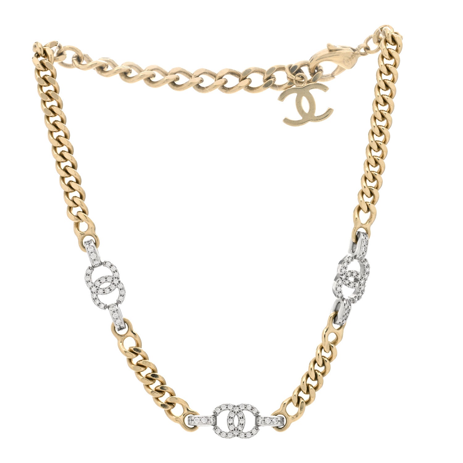 Chanel Crystal Chain CC Link Choker Gold Silver 2 of 3