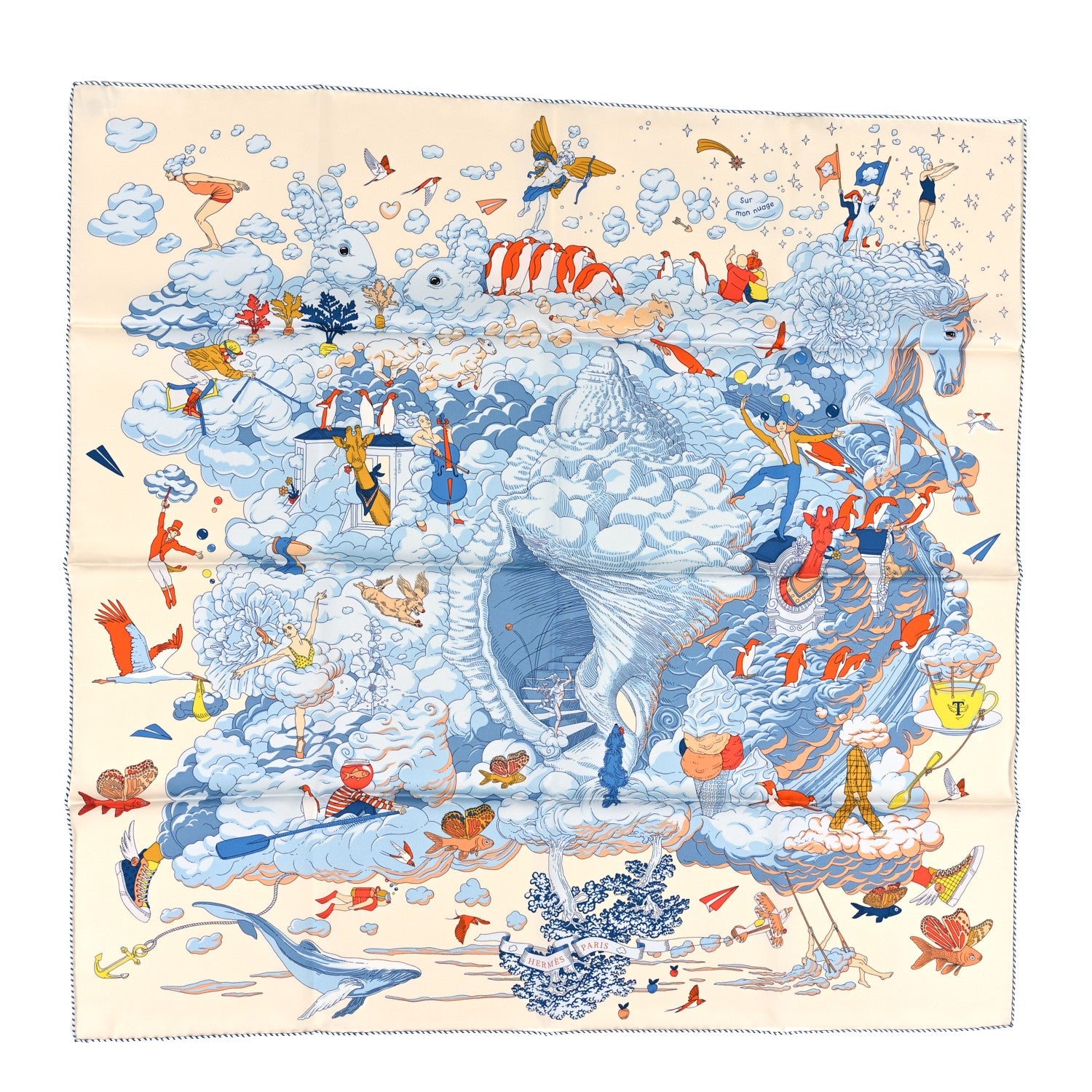 Hermes Silk Sur Mon Nuage Scarf 90 Creme Bleu Clair 1 of 4