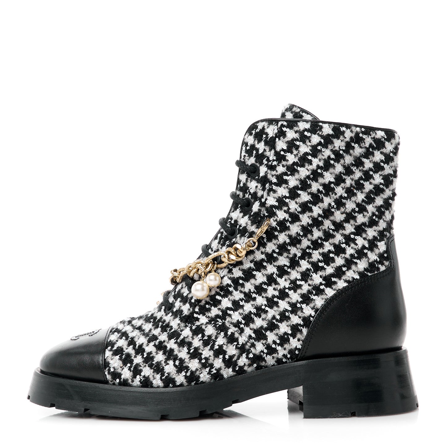 Wool Tweed Calfskin Chain Lace Up Combat Boots 38.5 Black White