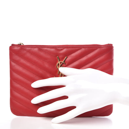 Saint Laurent Calfskin Matelasse Chevron Monogram Pouch Red 2 of 7