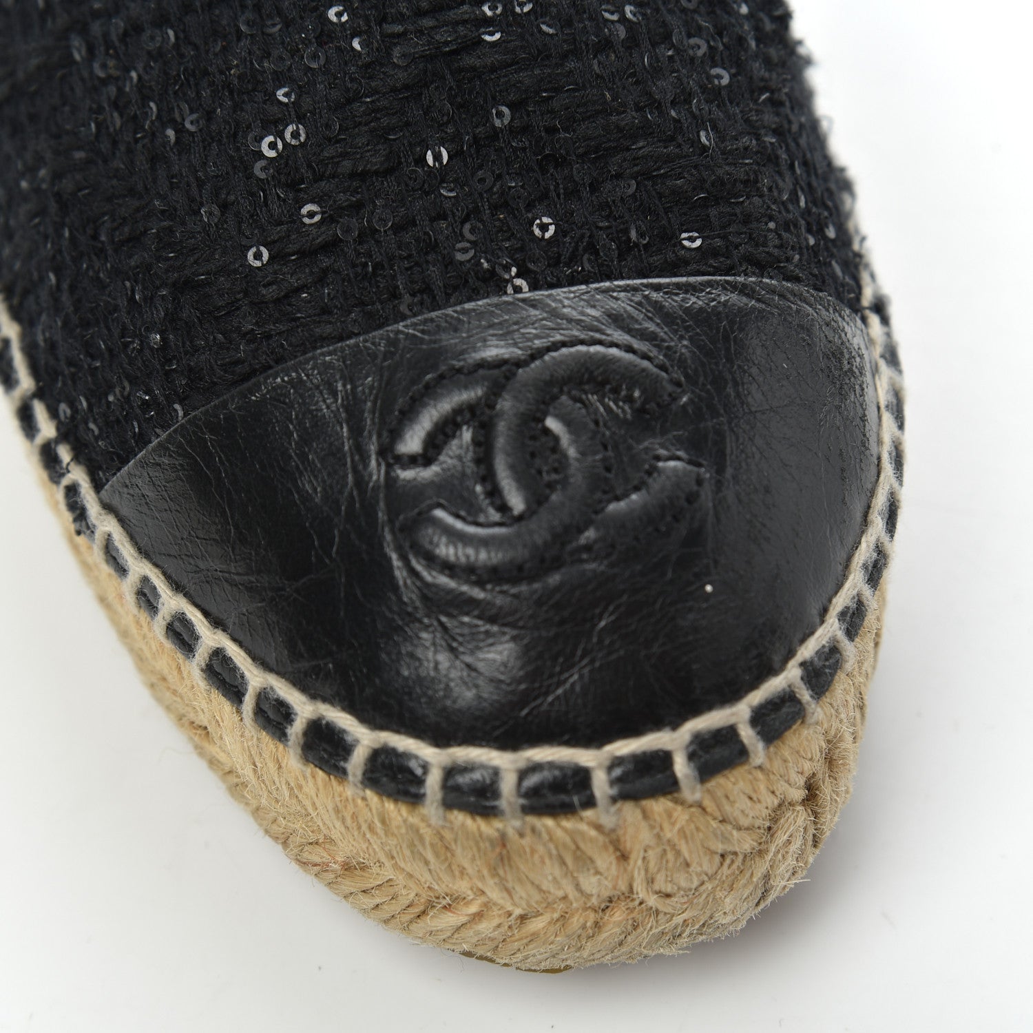 Chanel Tweed Patent Goatskin Sequin CC Espadrilles 38 Black 8 of 19