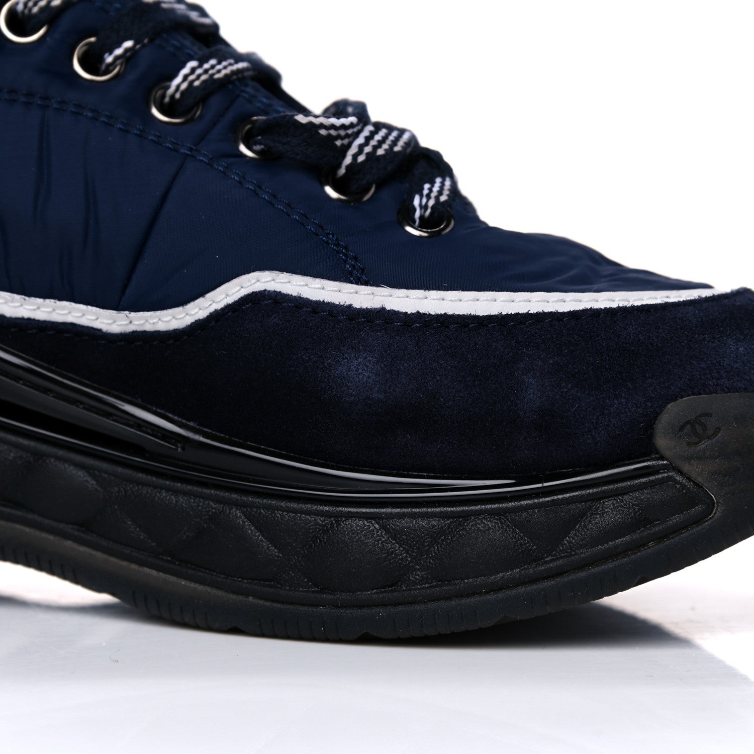 Chanel Fabric Calfskin Suede Womens CC Sneakers 37 Navy 10 of 13