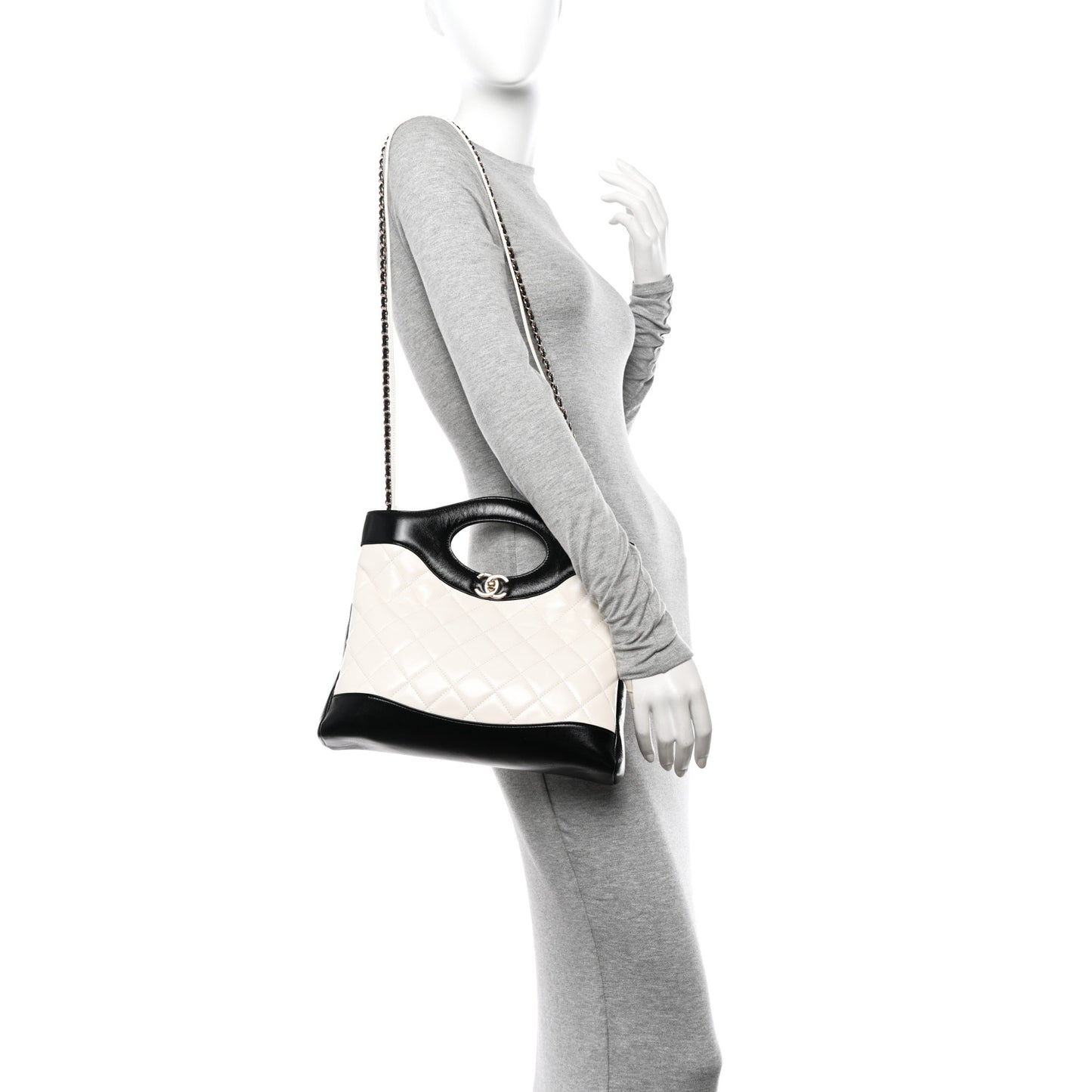 Shiny Crumpled Calfskin Quilted Small 31 Shopping Bag White Black