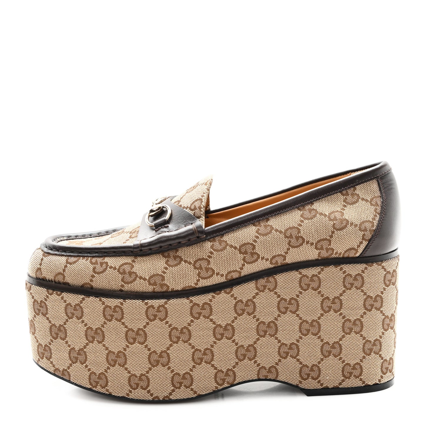 Canvas GG Monogram Horsebit Calfskin Womens Horsebit Platform Loafers 39 Beige Ebony