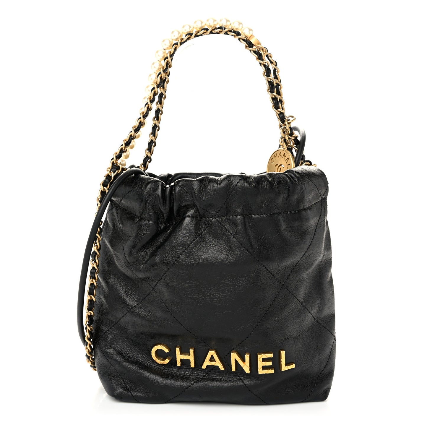 Shiny Crumpled Calfskin Quilted Pearl Mini Chanel 22 Black