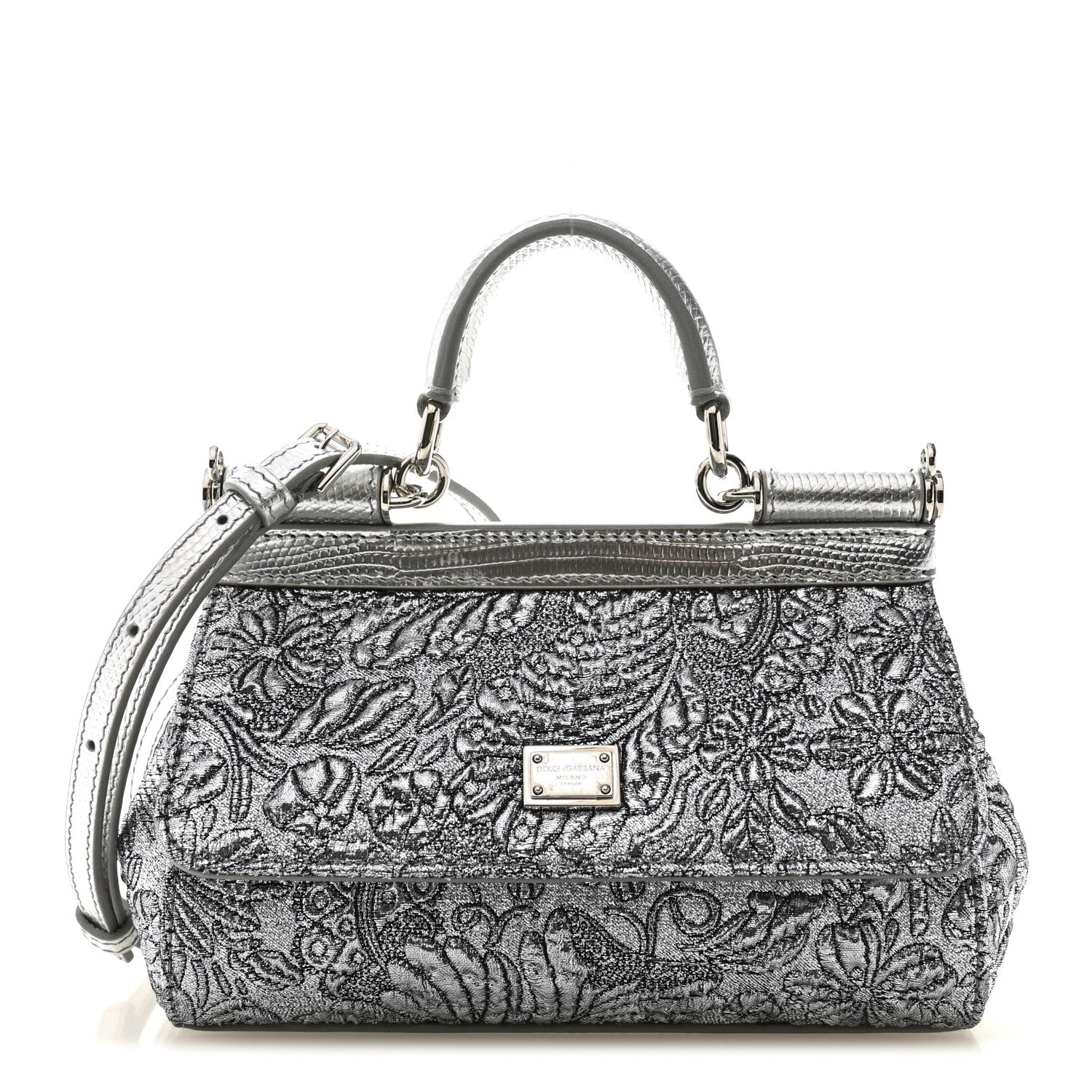 Dolce & Gabbana Brocade Fabric Lizard Calfskin Embossed Small Miss Sicily Satchel Silver 2 of 19